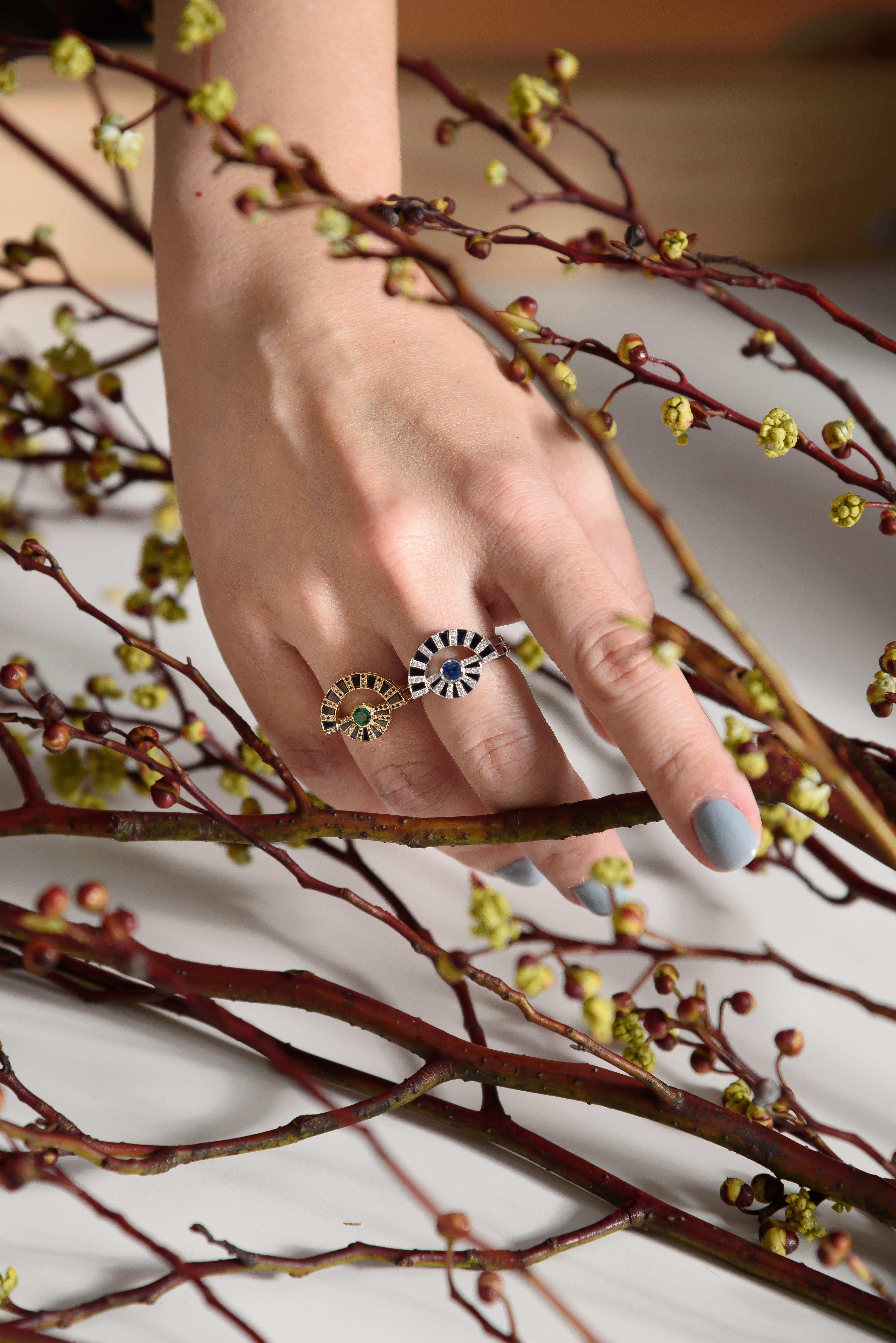 Twist Reflection Emerald, Black Diamond, Black Sapphire Ring in 18K Gold For Sale 4
