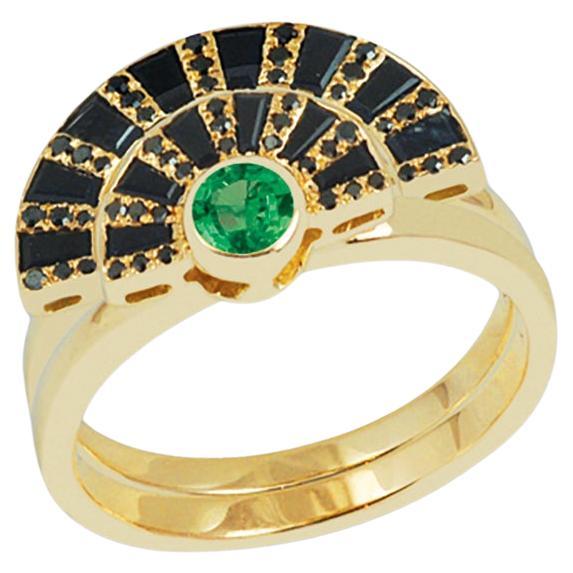 Twist Reflection Emerald, Black Diamond, Black Sapphire Ring in 18K Gold For Sale