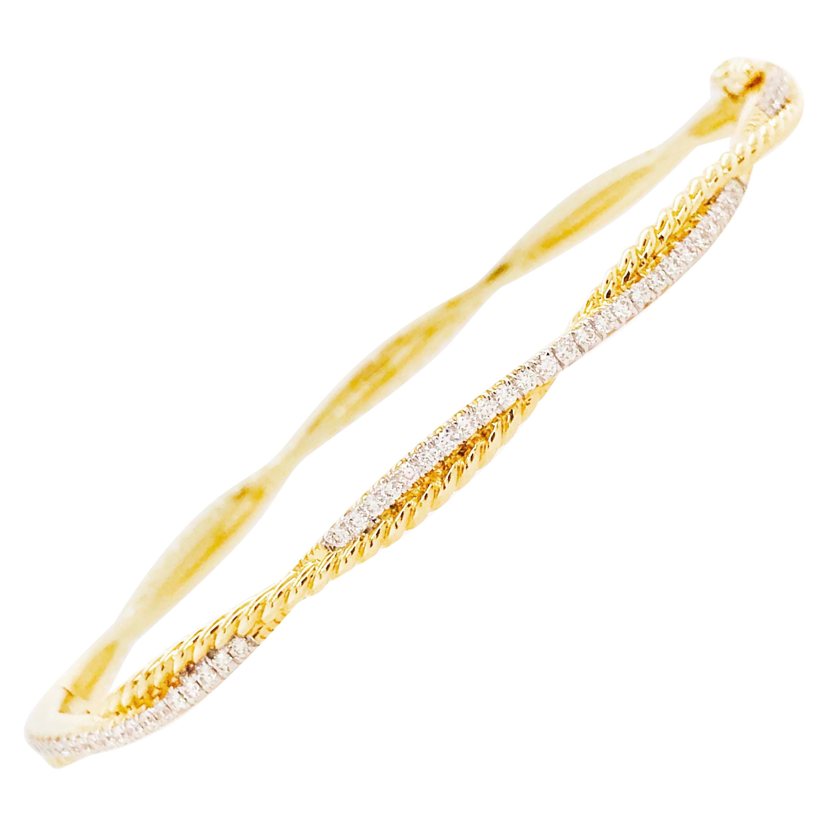Bracelet à charnière Twist Rope Diamond 14K or bicolore 6", 6.25", 6.5", 7" en vente