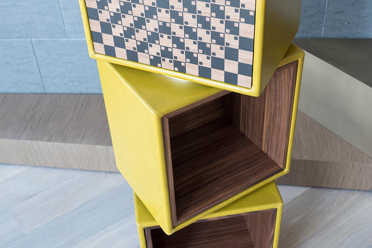 Modern Twist, Swivel Storage with Leather Modules, Wood Inlays and Metallic Accents For Sale