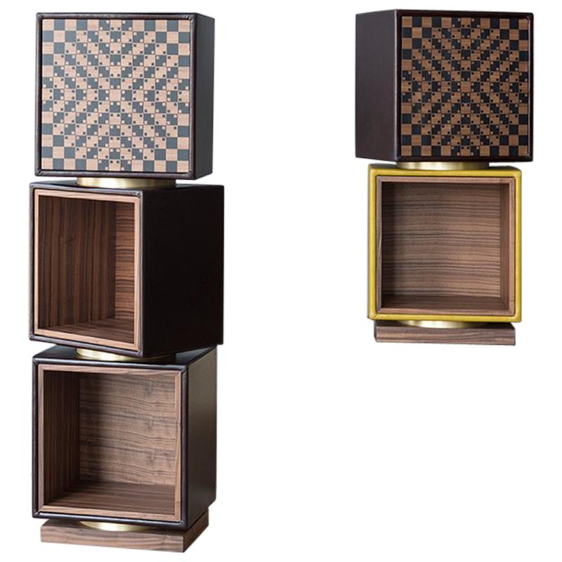 Twist, Swivel Storage with Leather Modules, Wood Inlays and Metallic Accents For Sale