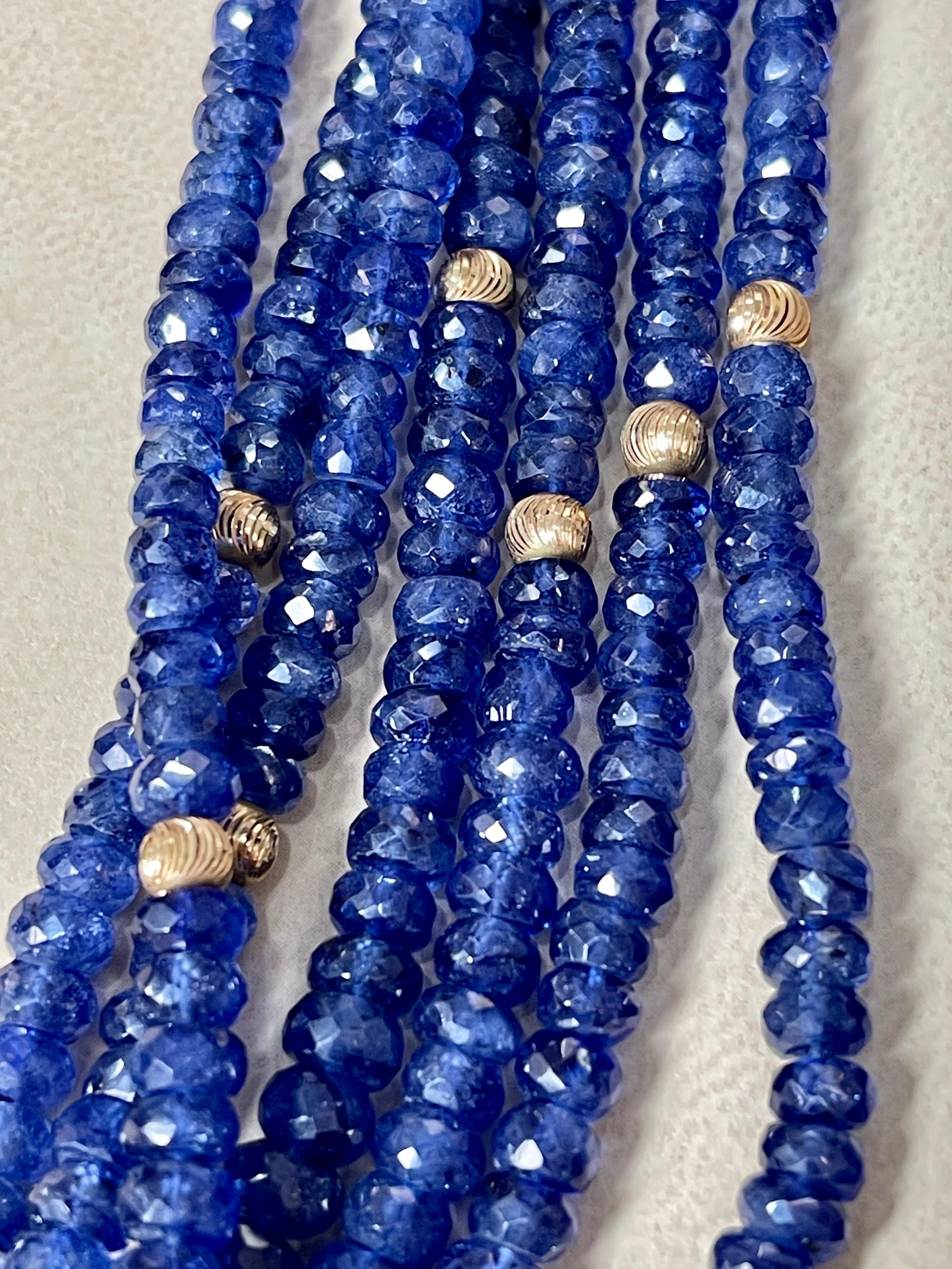 Twisted 1275 Ct Natural Tanzanite Bead Seven Strand Necklace + 15 Gm 14 K Y Gold For Sale 3