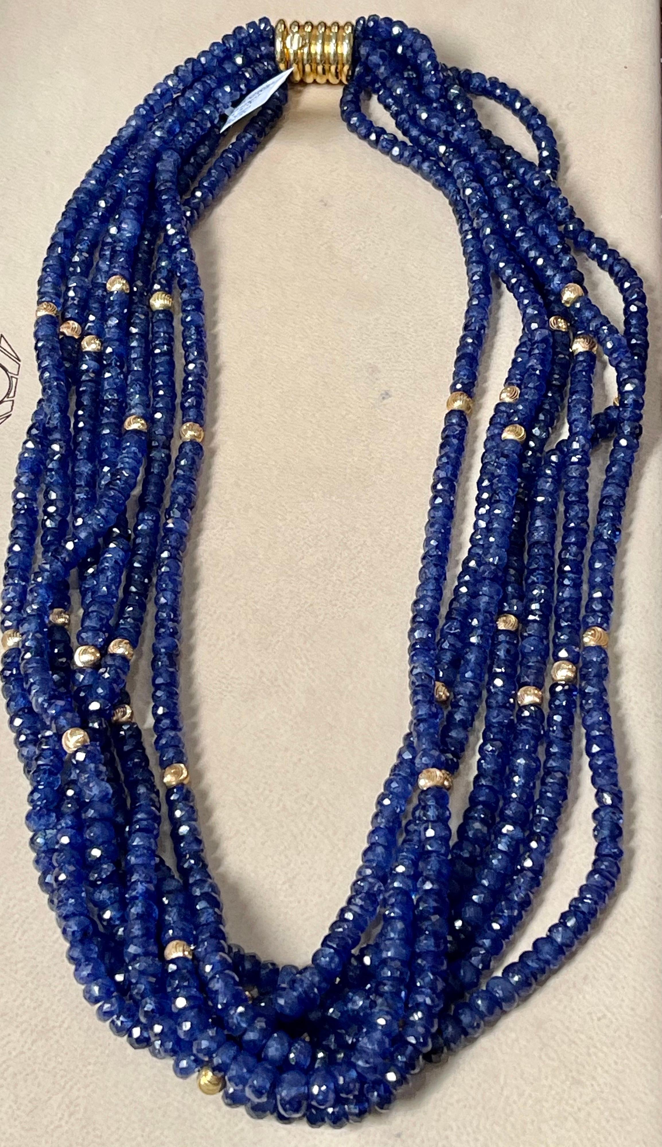Twisted 1275 Ct Natural Tanzanite Bead Seven Strand Necklace + 15 Gm 14 K Y Gold For Sale 4