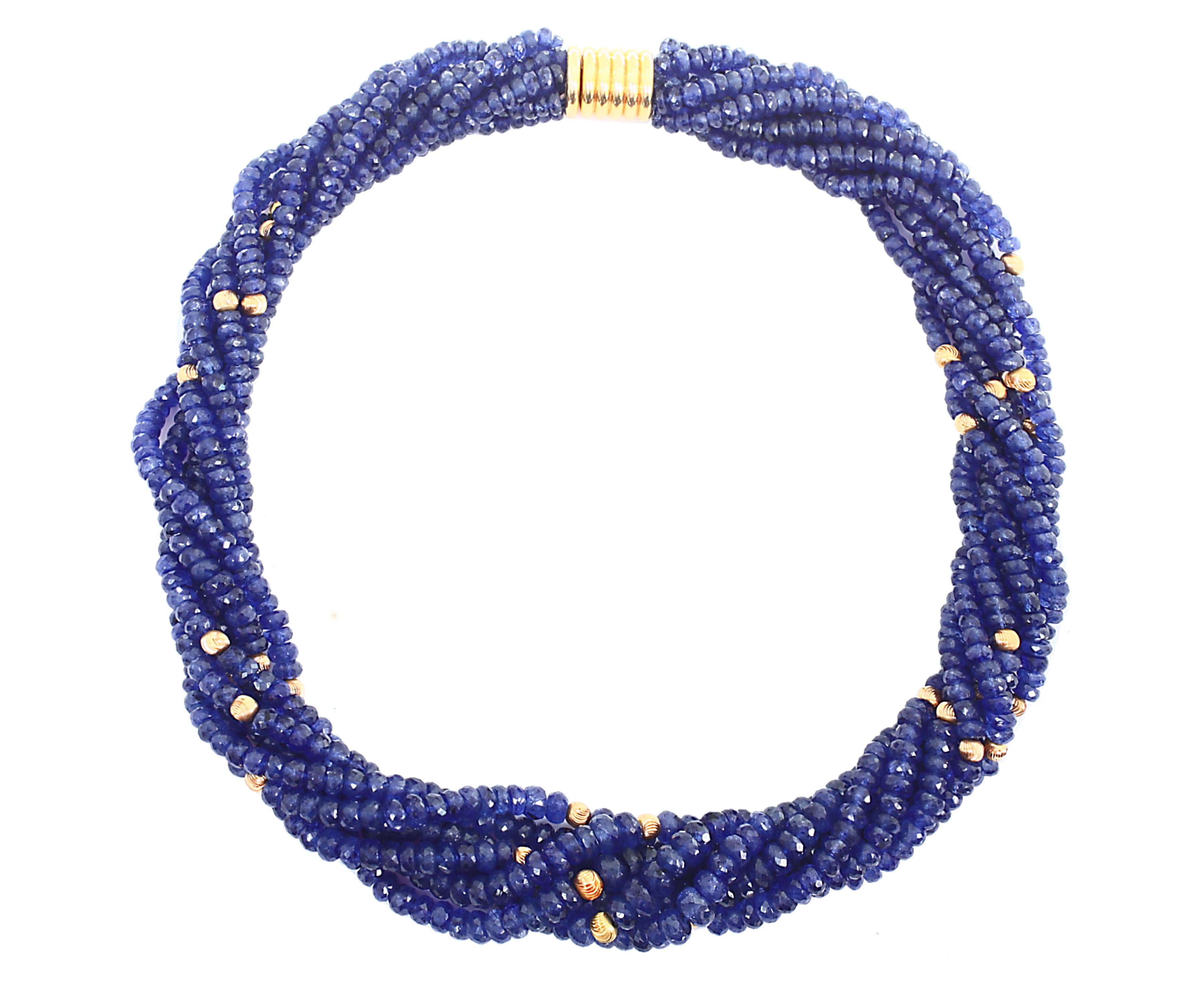 Twisted 1275 Ct Natural Tanzanite Bead Seven Strand Necklace + 15 Gm 14 K Y Gold For Sale 8