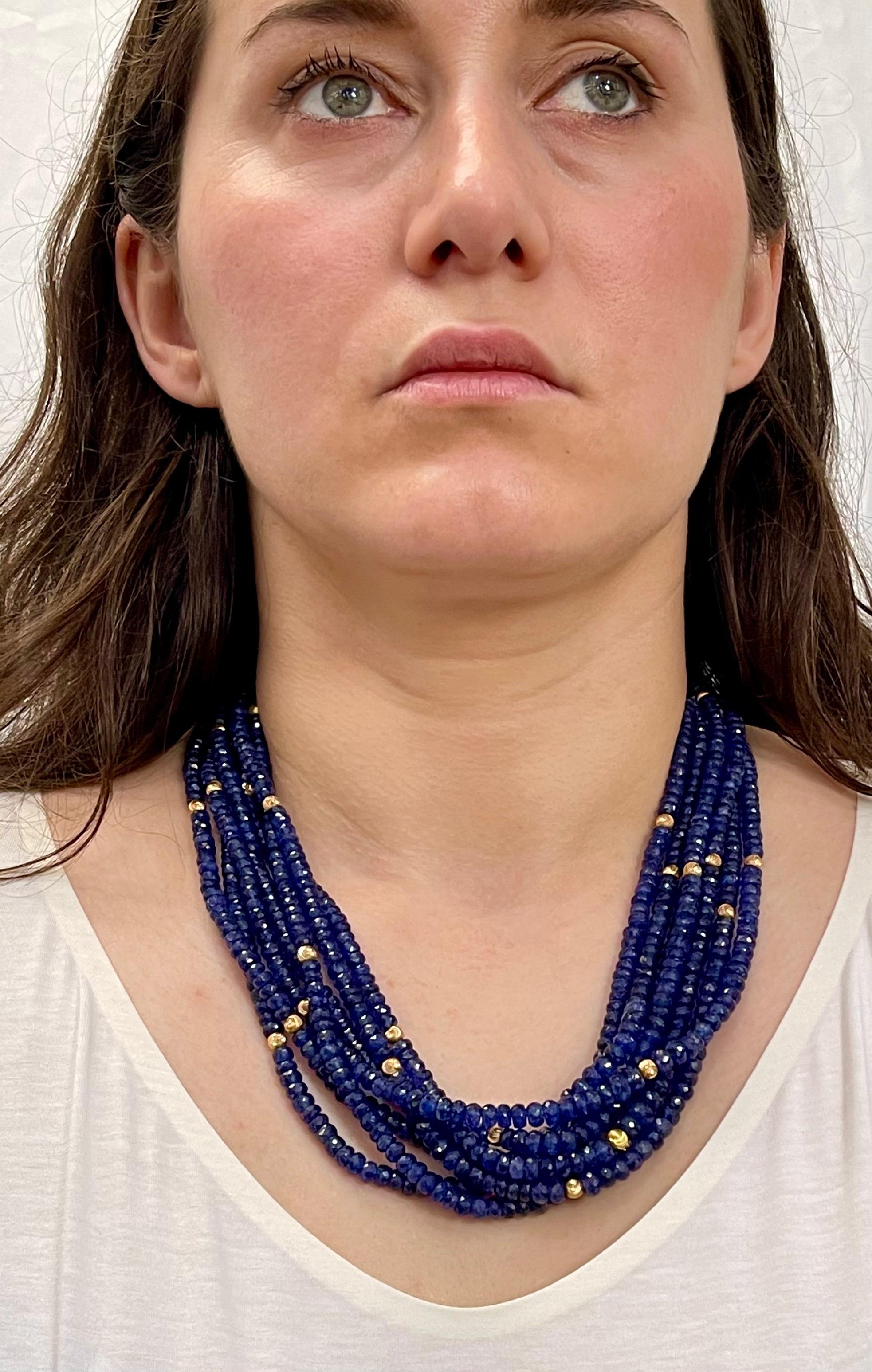 Women's Twisted 1275 Ct Natural Tanzanite Bead Seven Strand Necklace + 15 Gm 14 K Y Gold For Sale