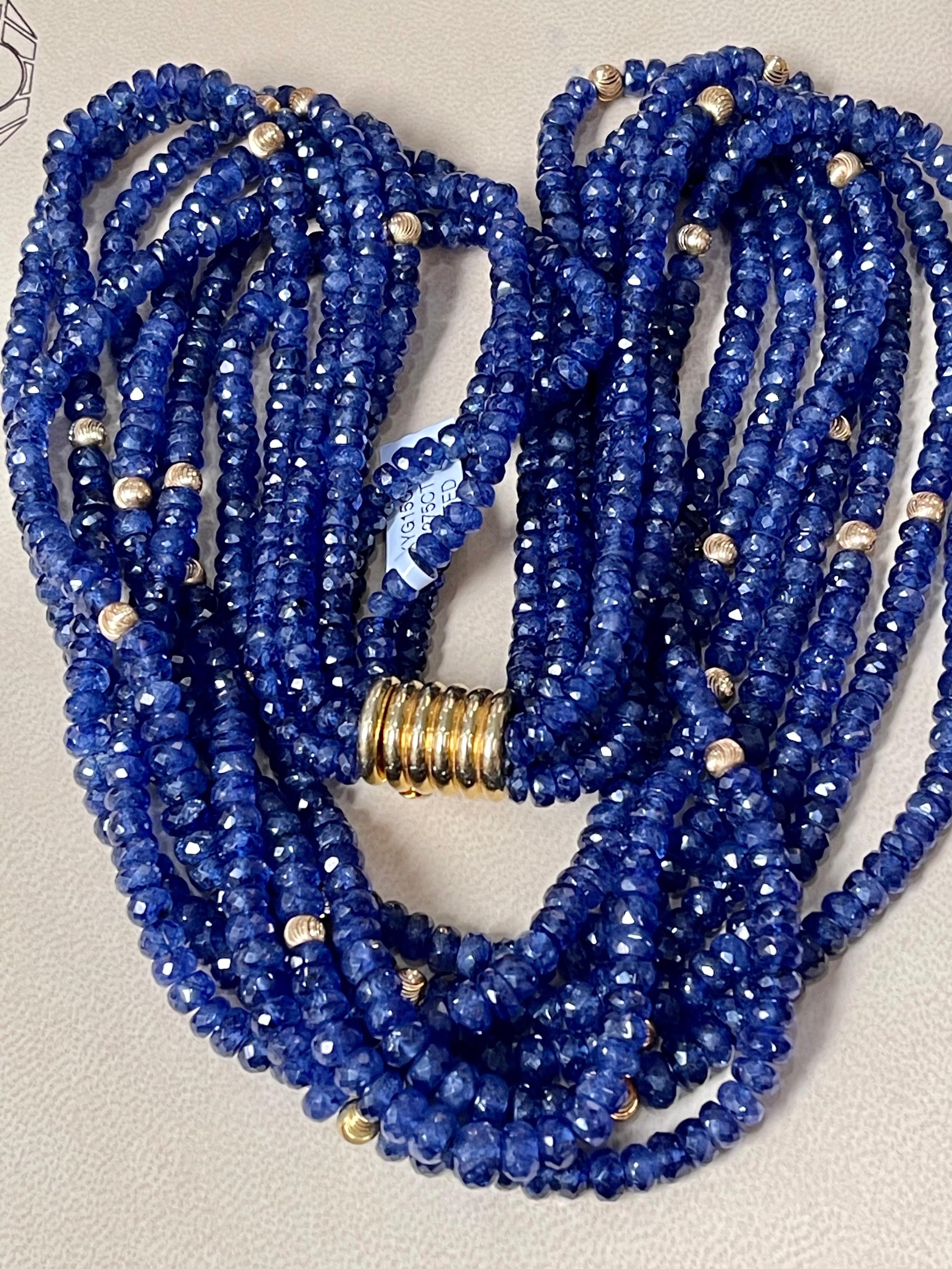 Twisted 1275 Ct Natural Tanzanite Bead Seven Strand Necklace + 15 Gm 14 K Y Gold For Sale 2
