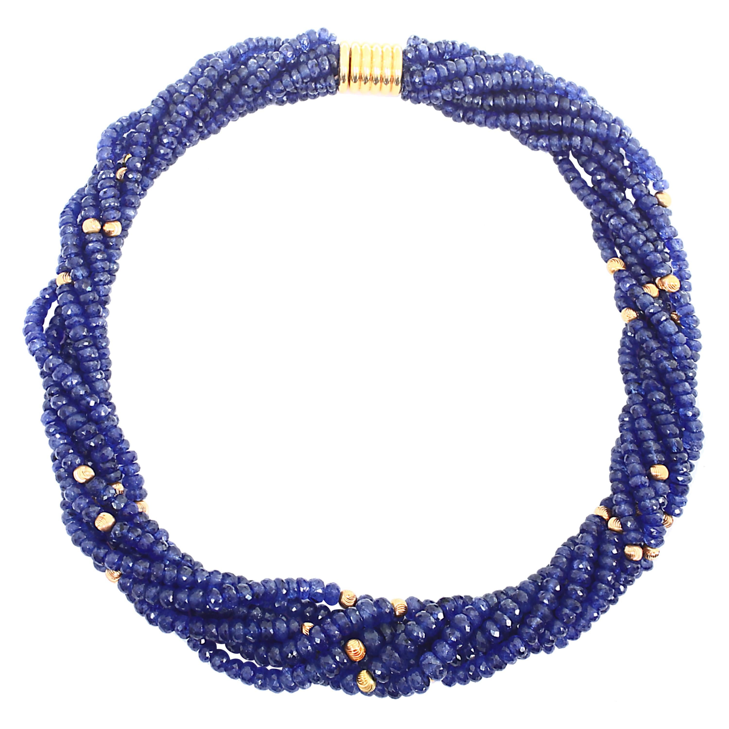 Twisted 1275 Ct Natural Tanzanite Bead Seven Strand Necklace + 15 Gm 14 K Y Gold For Sale