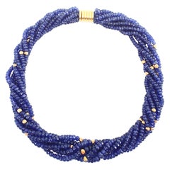 Twisted 1275 Ct Natural Tanzanite Bead Seven Strand Necklace + 15 Gm 14 K Y Gold