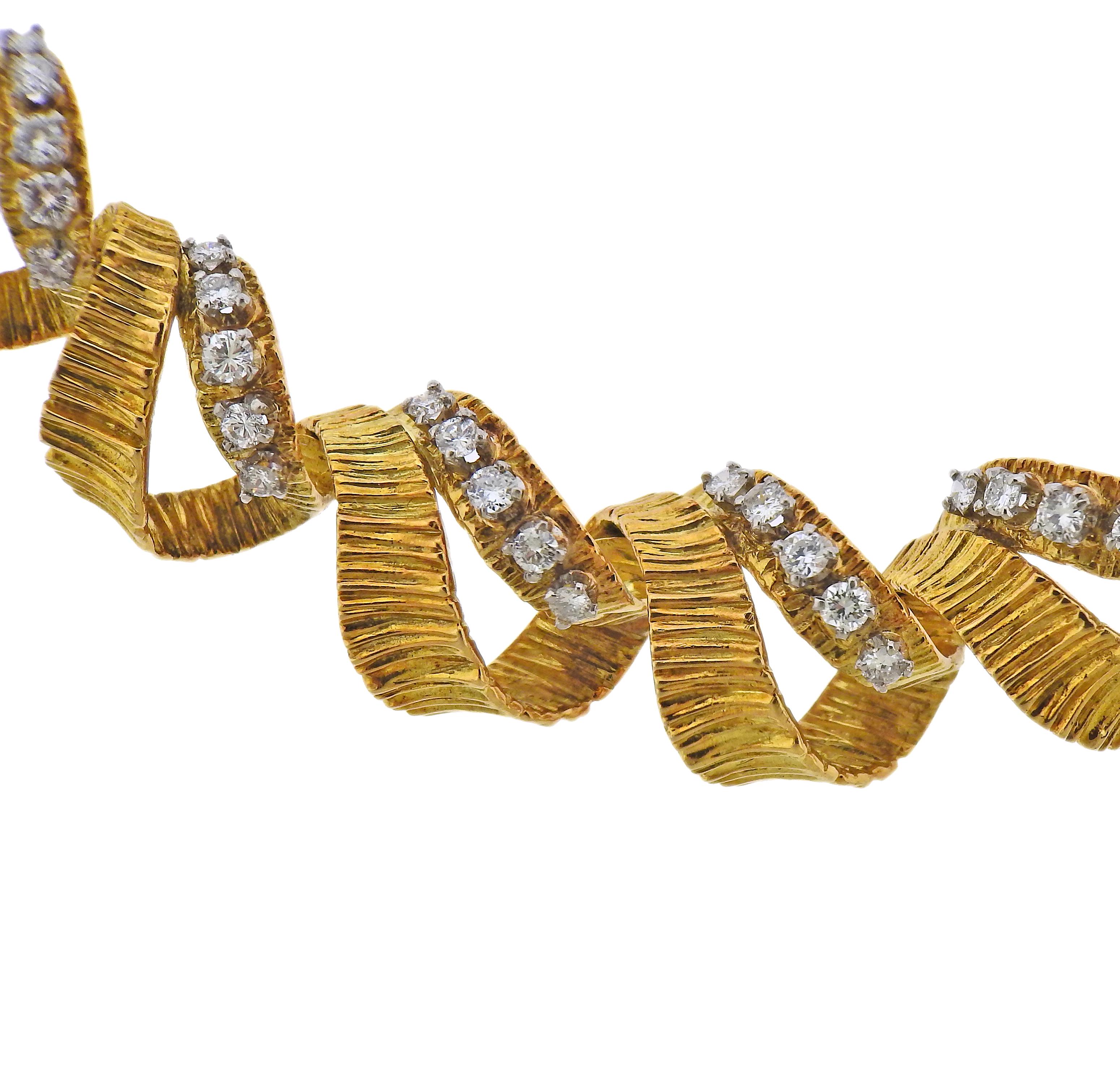 Twisted 18 Karat Yellow Gold Diamond Necklace For Sale 2