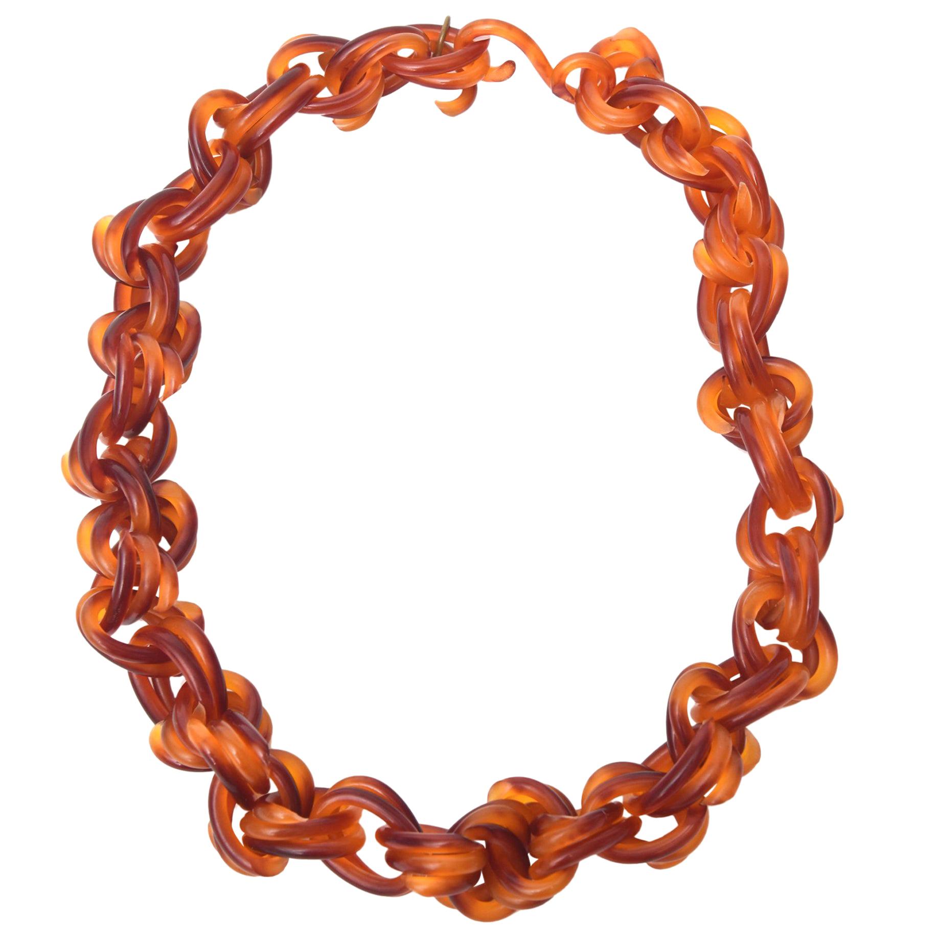 Twisted Amber Brown Lucite Link Necklace Vintage For Sale