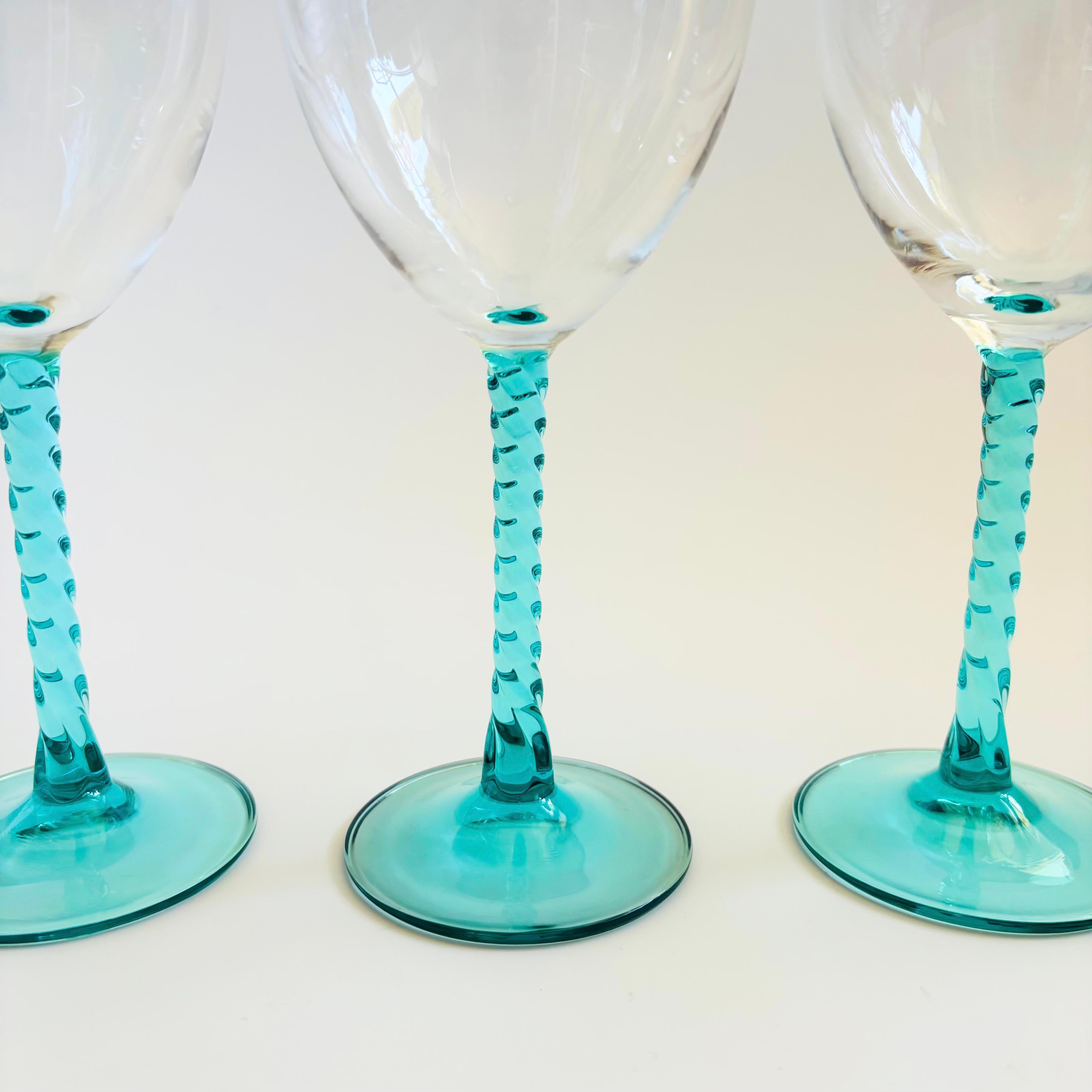 Art Nouveau Twisted Aqua Stem Wine Glasses by Cristal D'Arques - Durand - Set of 4 For Sale