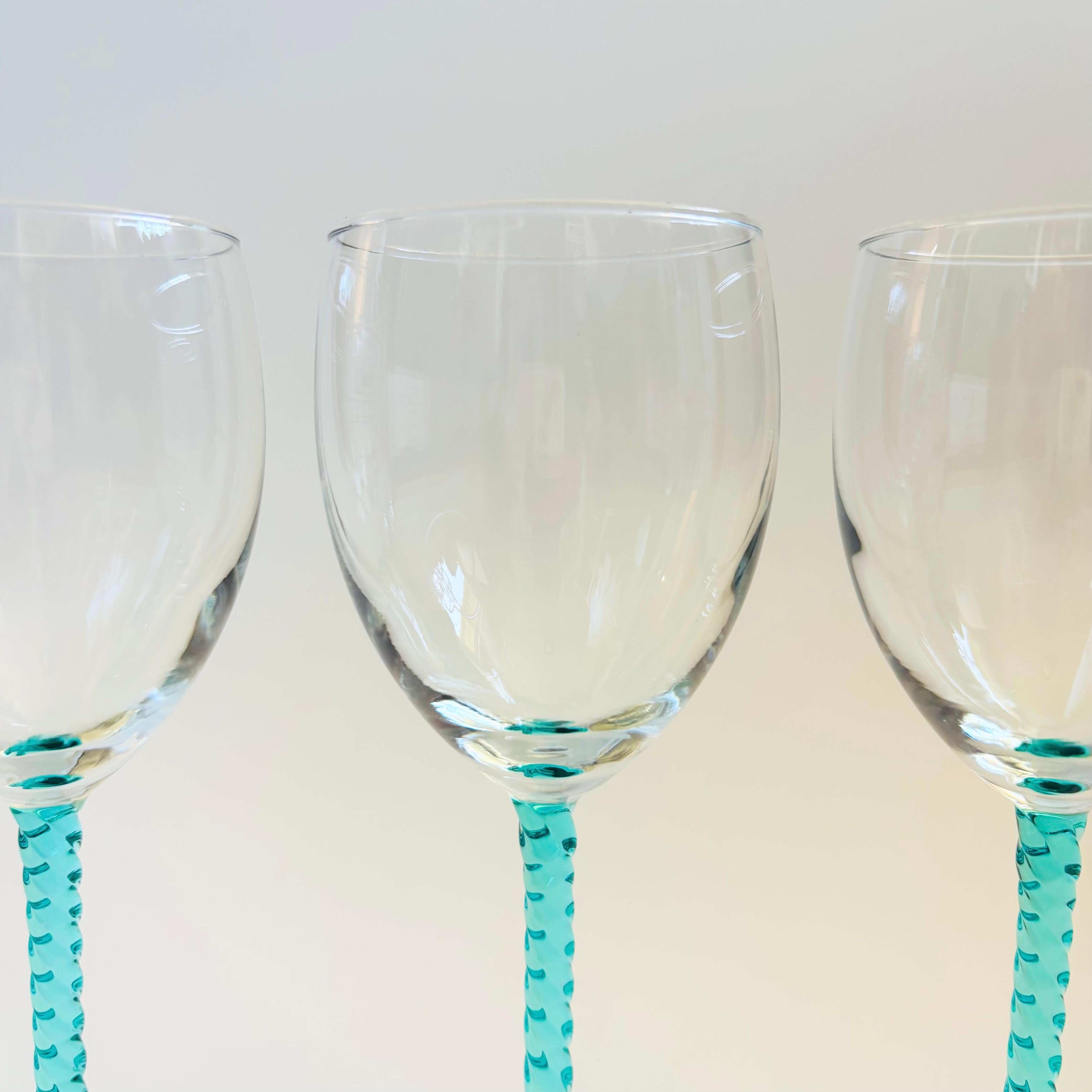 French Twisted Aqua Stem Wine Glasses by Cristal D'Arques - Durand - Set of 4 For Sale