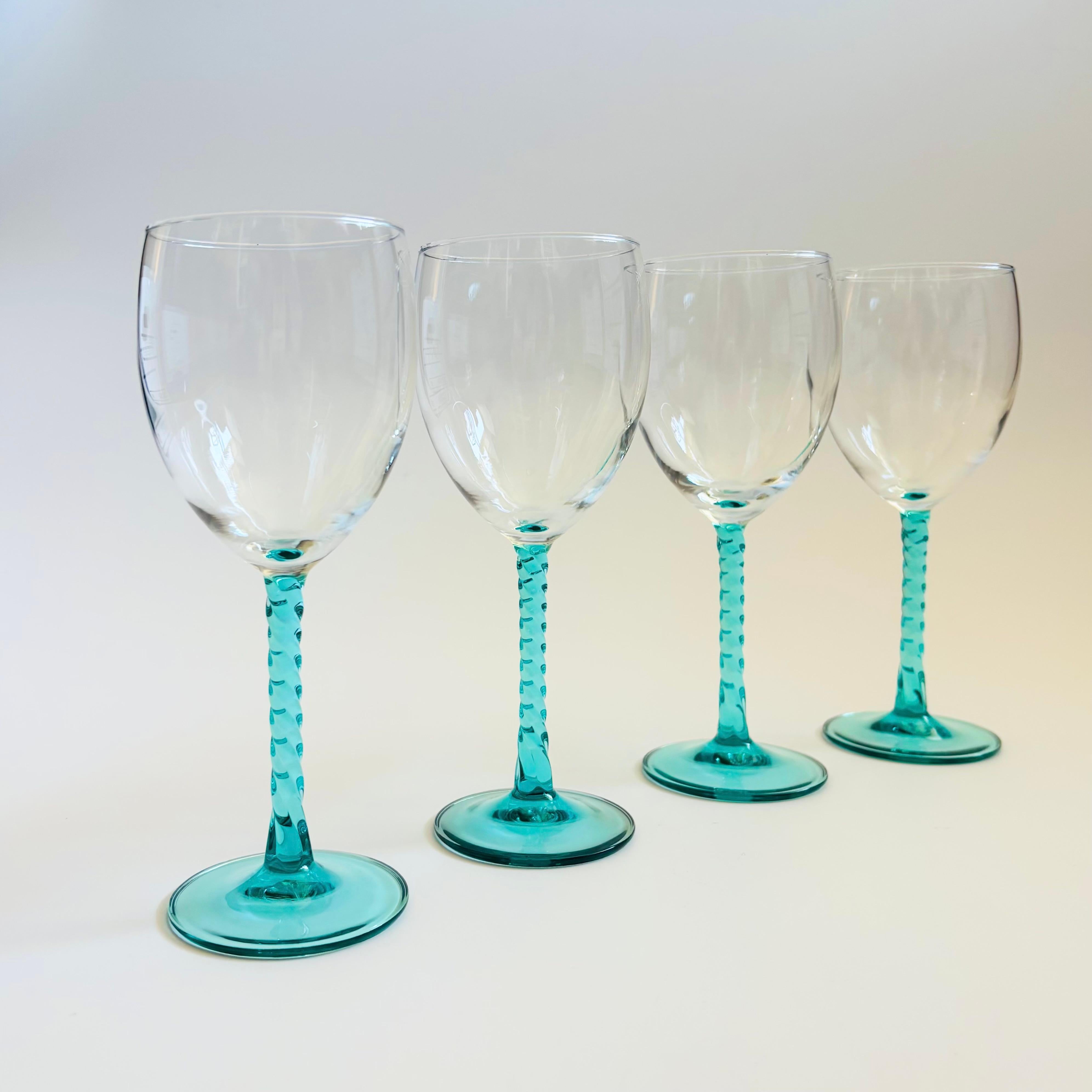 20th Century Twisted Aqua Stem Wine Glasses by Cristal D'Arques - Durand - Set of 4 For Sale