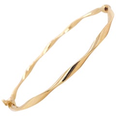 Vintage Twisted Bangle Bracelet, Hinged Clasp, Rope Yellow Gold Oval Bangle