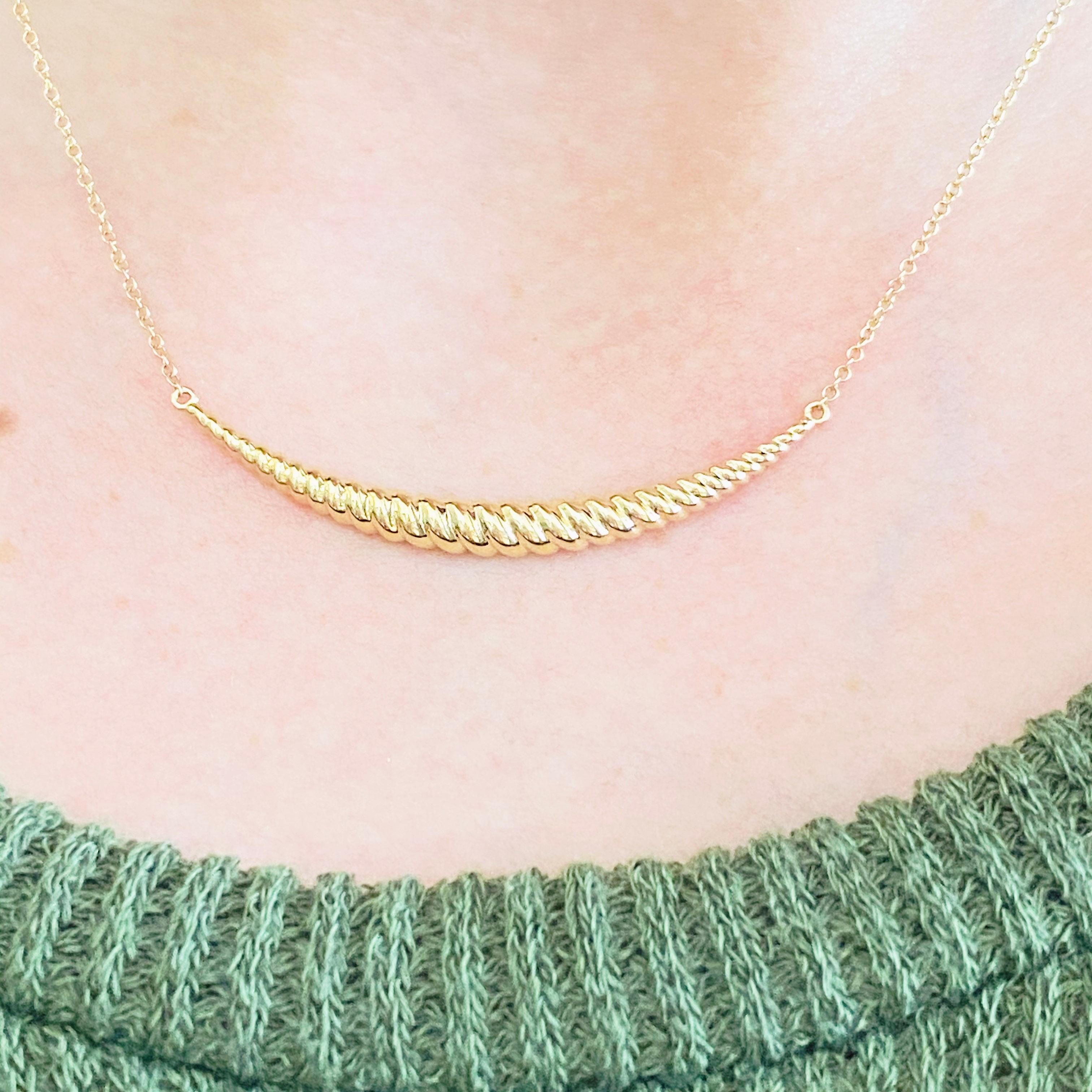 This Gabriel & Co. designer necklace is a gorgeous 14k yellow gold twisted bar necklace that is the perfect mix between classic and fashion! This necklace is very fashionable and can add a touch of style to any outfit, yet it is also classy enough