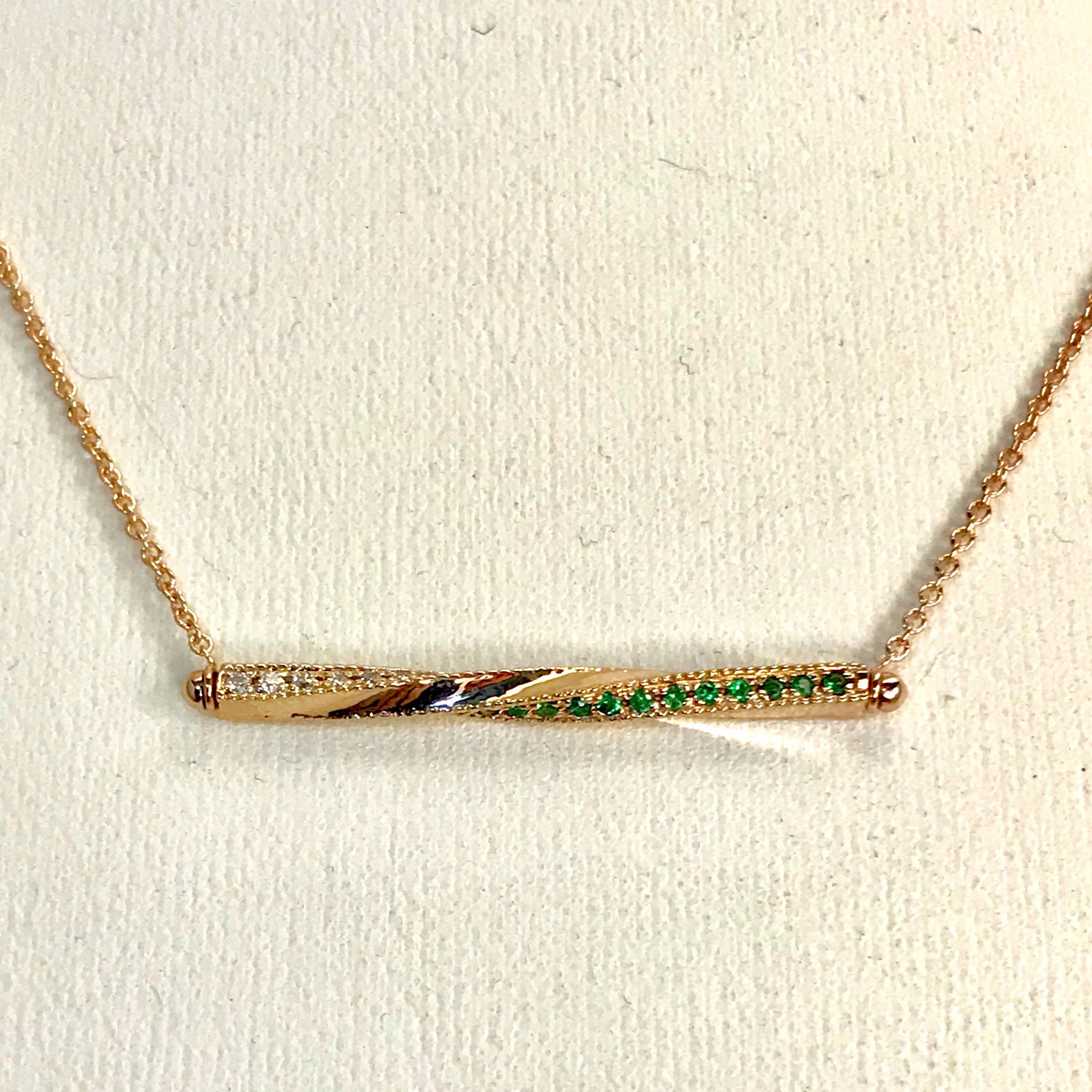 Round Cut Twisted Bar Necklace in 14 Carat Gold with Emeralds and Diamonds For Sale