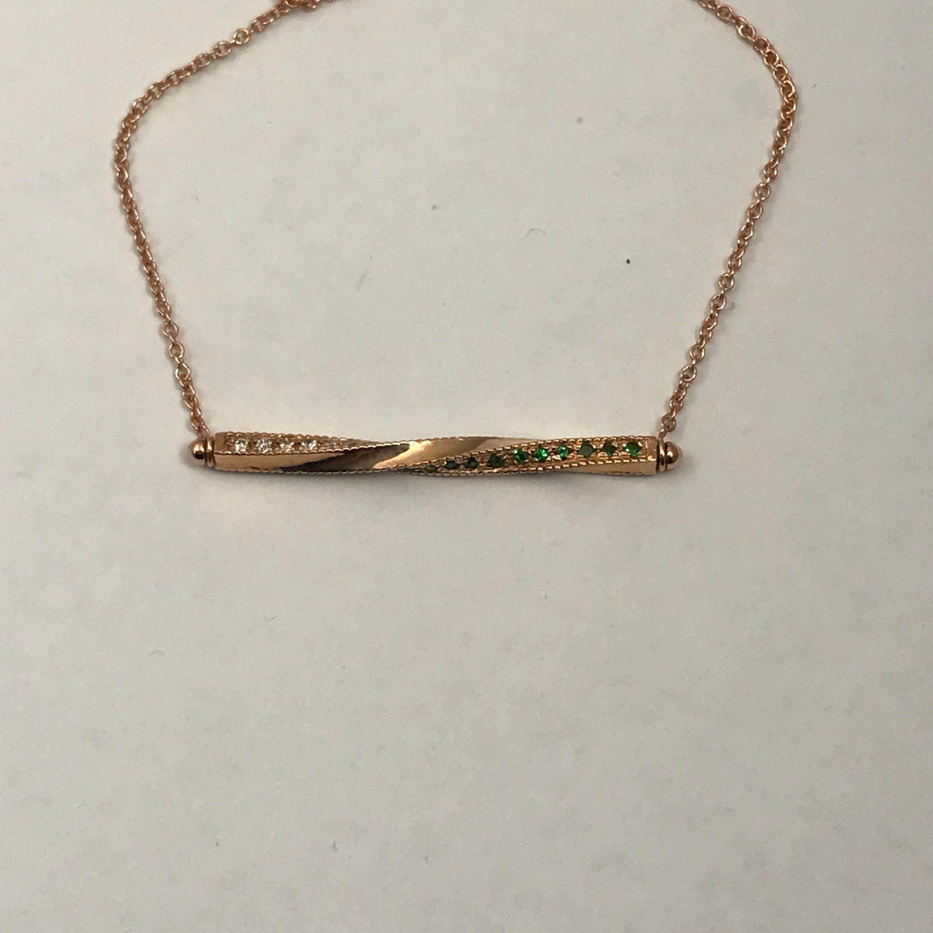 Twisted Bar Necklace in 14 Carat Gold with Emeralds and Diamonds In New Condition For Sale In Austin, TX