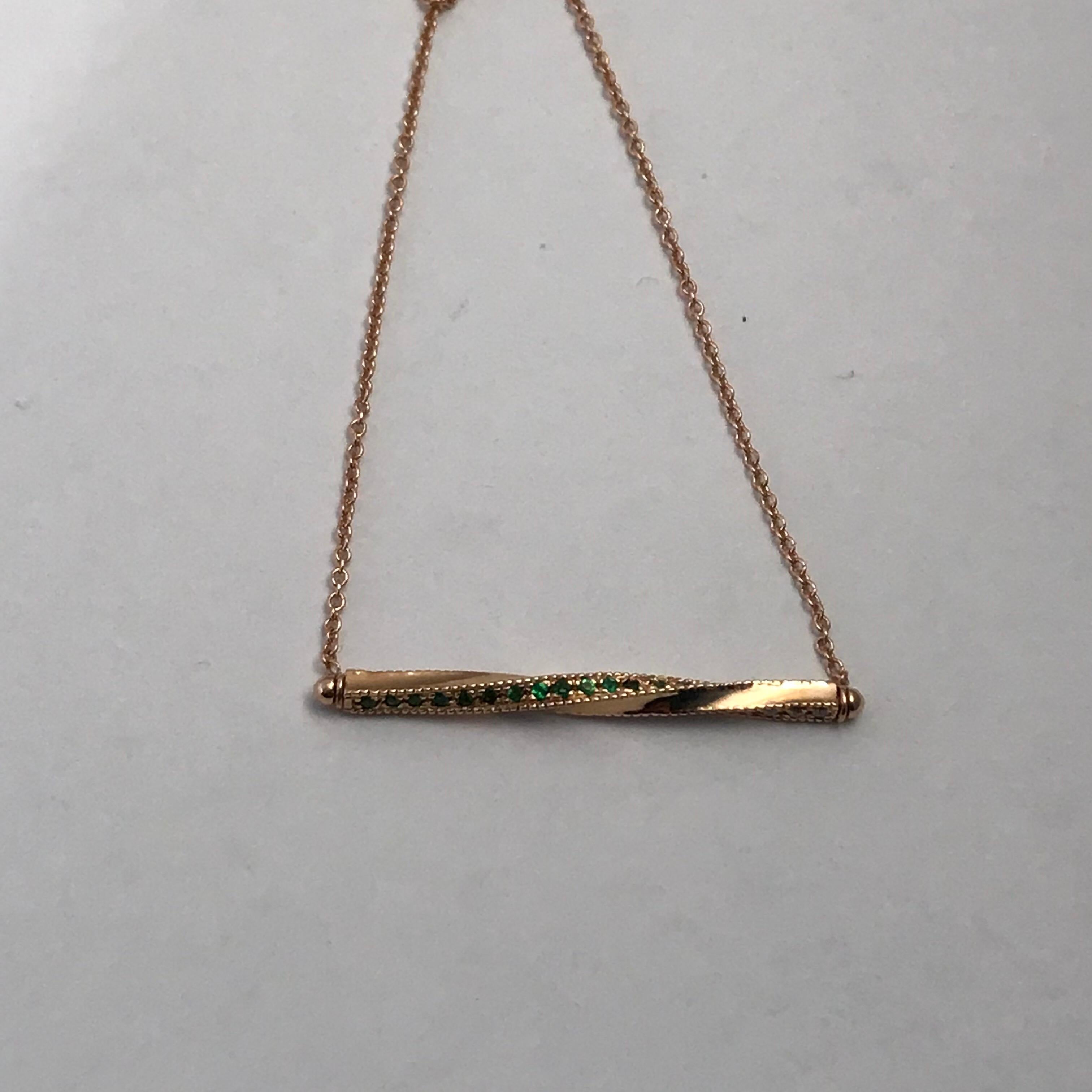 Twisted Bar Necklace in 14 Carat Gold with Emeralds and Diamonds For Sale 1