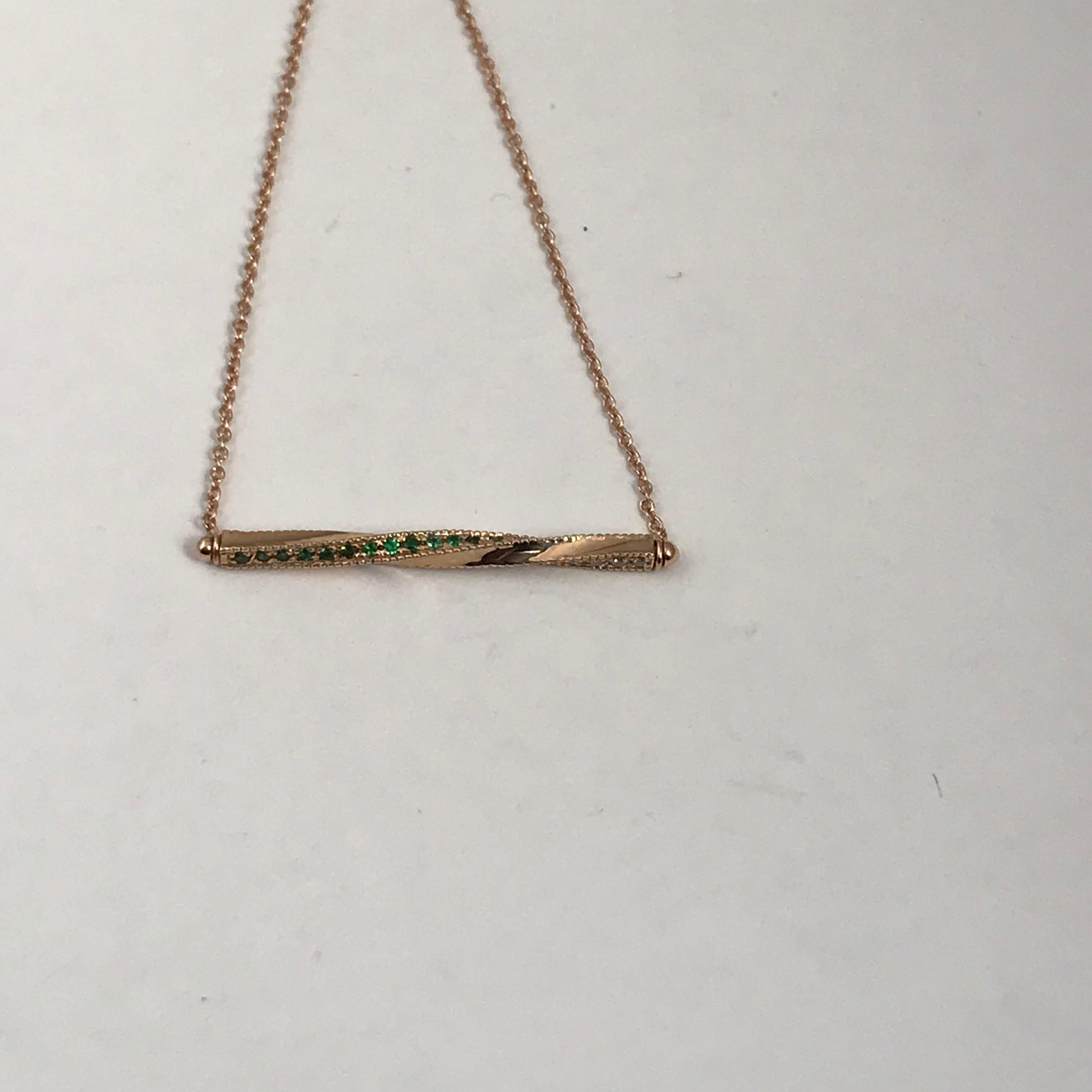 Twisted Bar Necklace in 14 Carat Gold with Emeralds and Diamonds For Sale 2