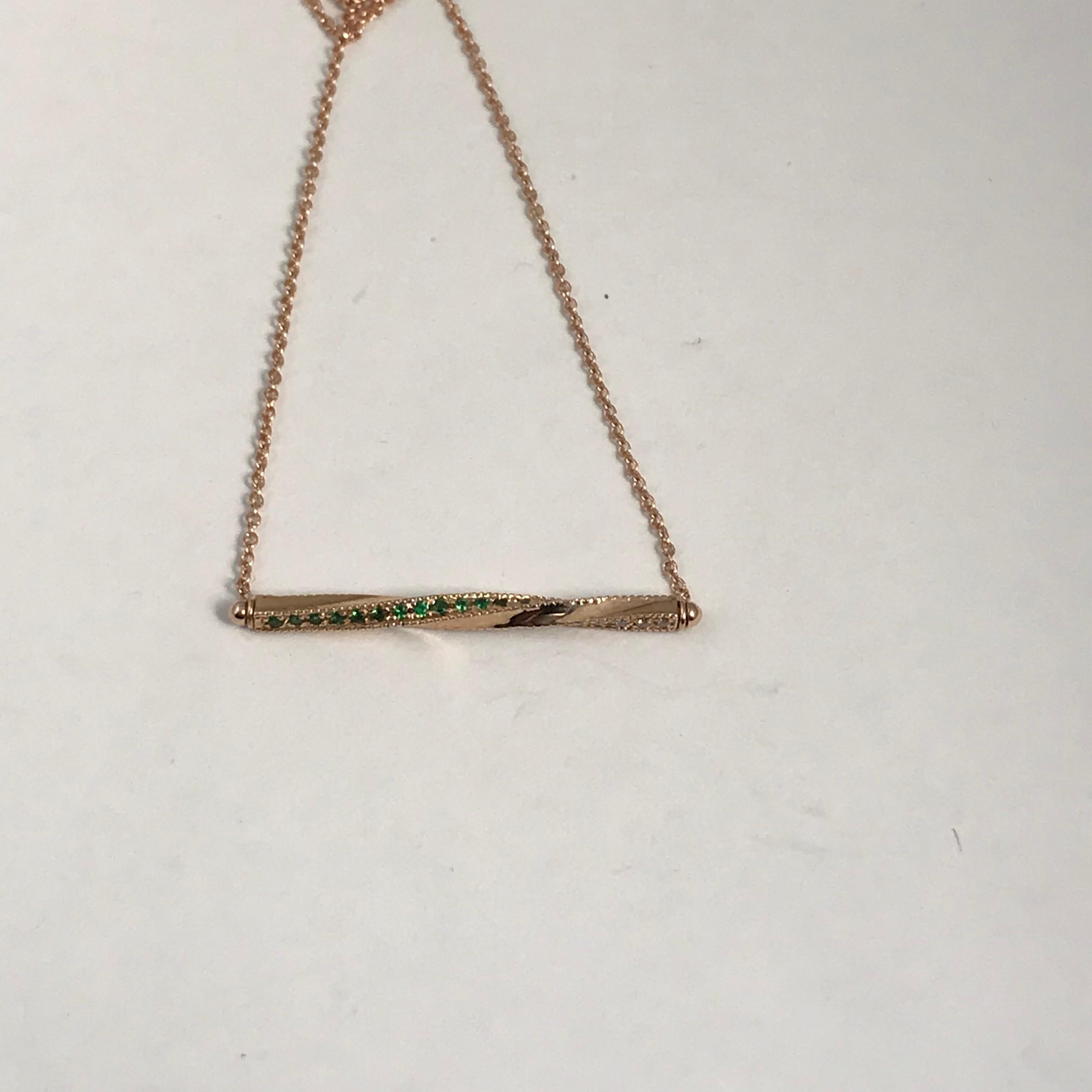 Twisted Bar Necklace in 14 Carat Gold with Emeralds and Diamonds For Sale 3