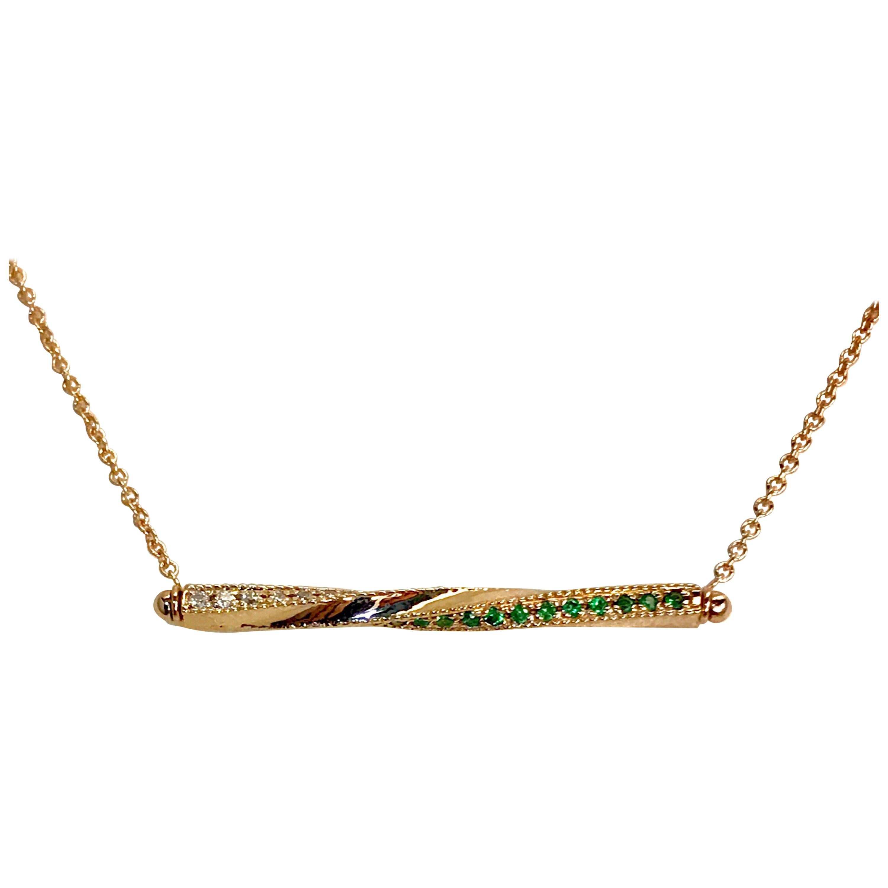 Twisted Bar Necklace in 14 Carat Gold with Emeralds and Diamonds For Sale