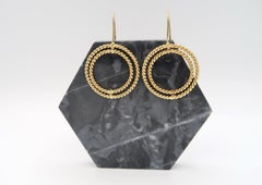 Twisted Braid Revolving Double Circle 14k Yellow Gold French Wire Hook Earrings