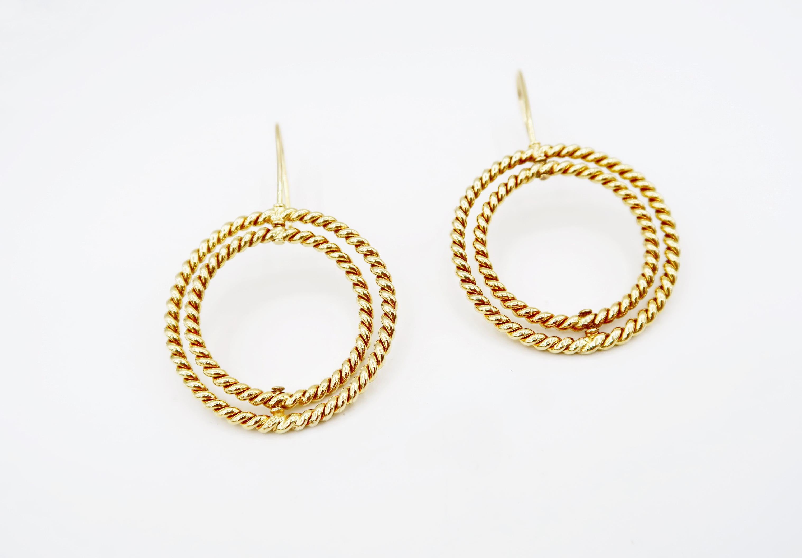 Twisted Braid Revolving Double Circle 14k Yellow Gold French Wire Hook Earrings For Sale 1