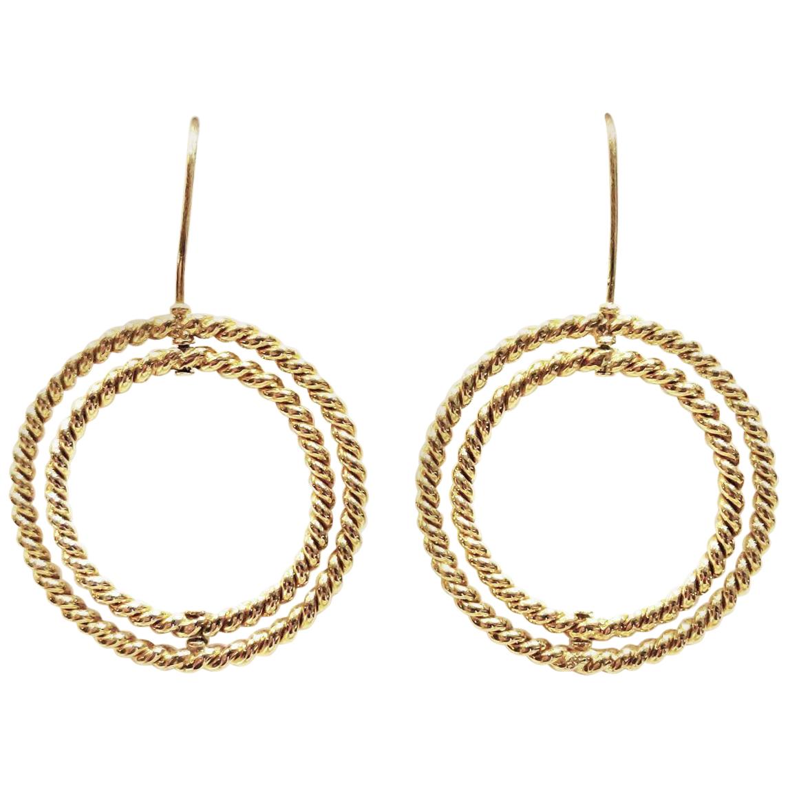 Twisted Braid Revolving Double Circle 14k Yellow Gold French Wire Hook Earrings For Sale