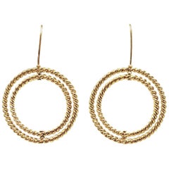 Twisted Braid Revolving Double Circle 14k Yellow Gold French Wire Hook Earrings