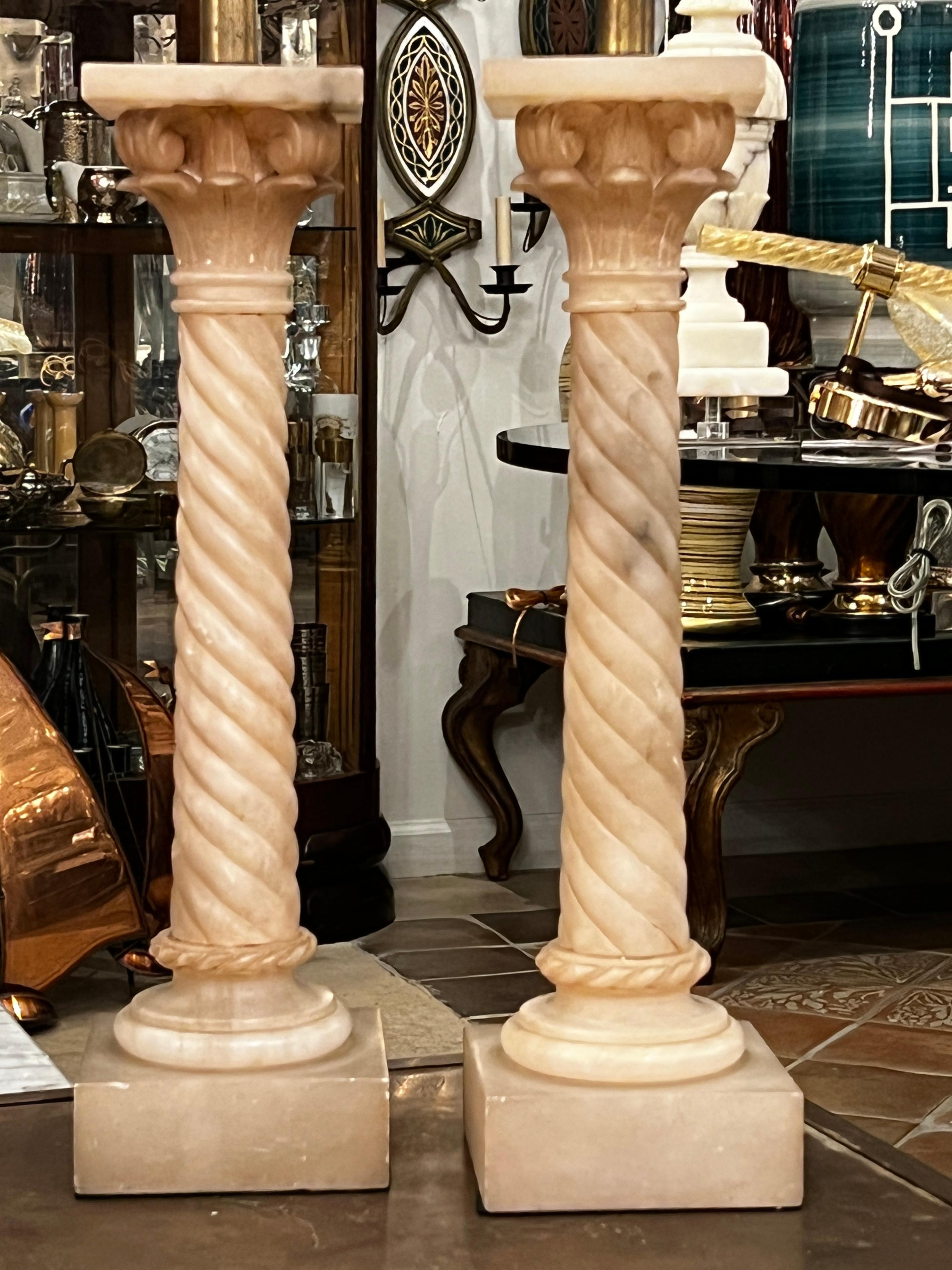 Italian Twisted Column Alabaster Table Lamps For Sale