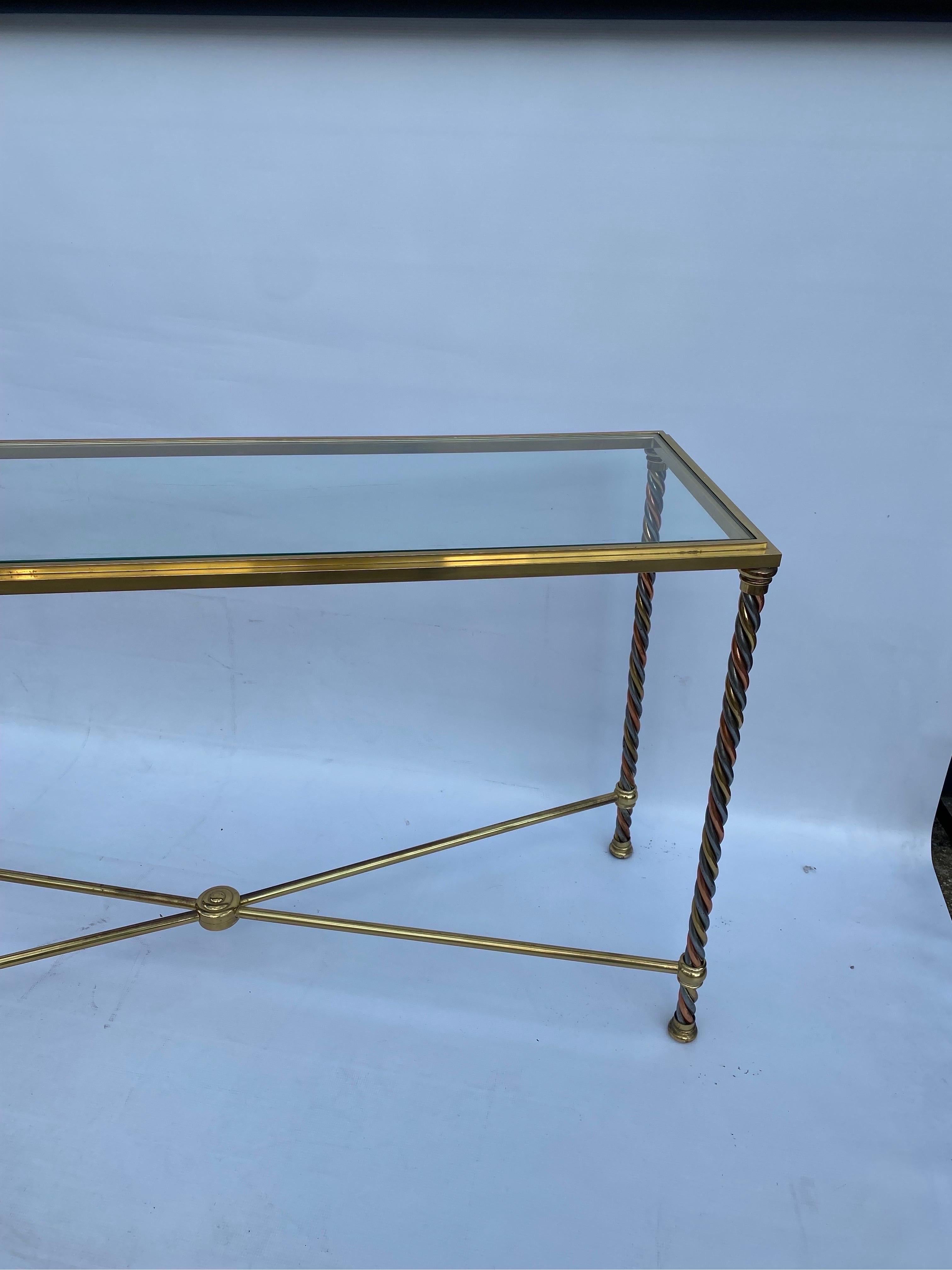 Verdrehter Konsolentisch aus Messing, Stahl und Kupfer, Hollywood-Regency-Glas, 1970er Jahre, Italienisch 4