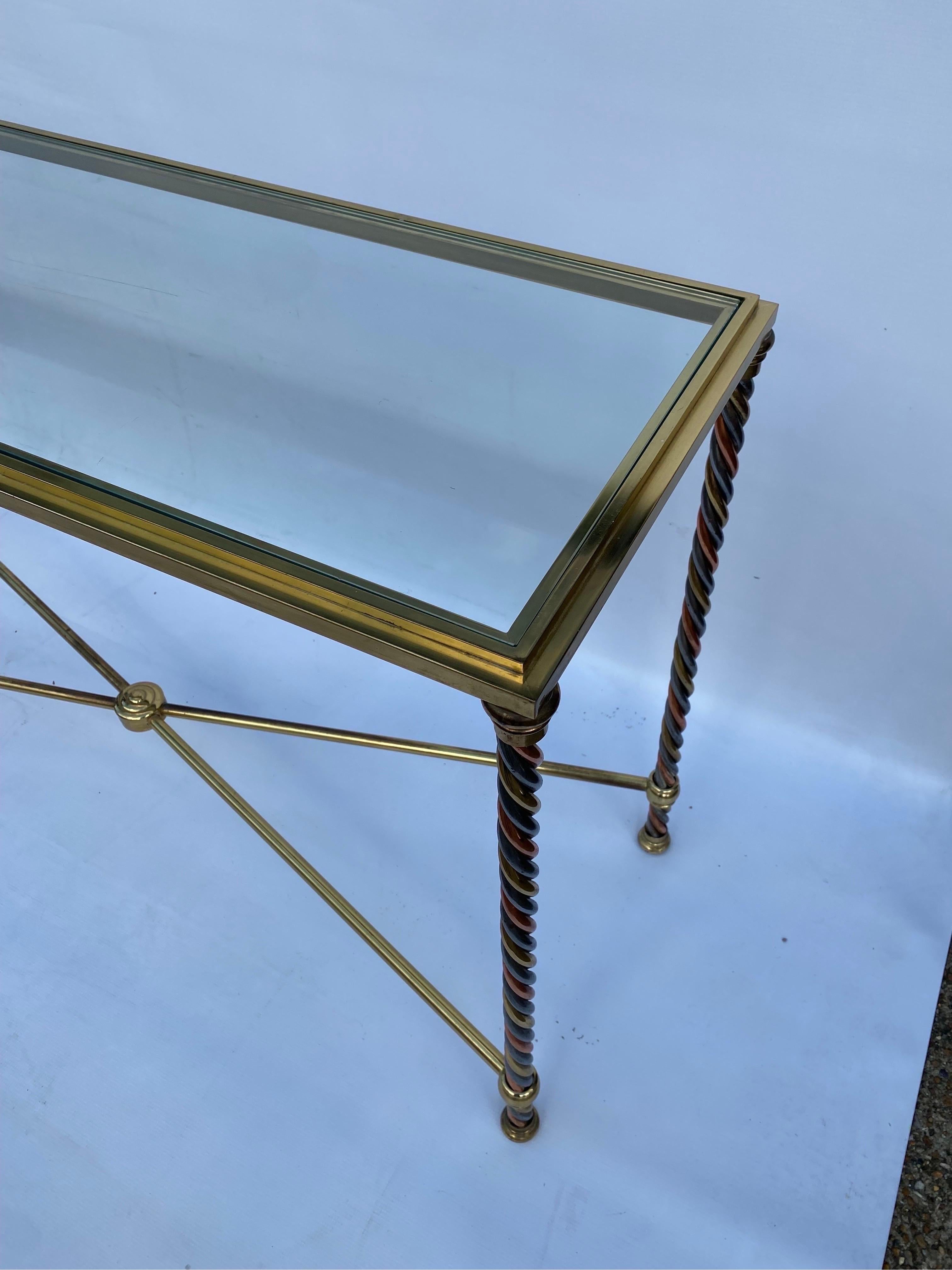 Verdrehter Konsolentisch aus Messing, Stahl und Kupfer, Hollywood-Regency-Glas, 1970er Jahre, Italienisch 8