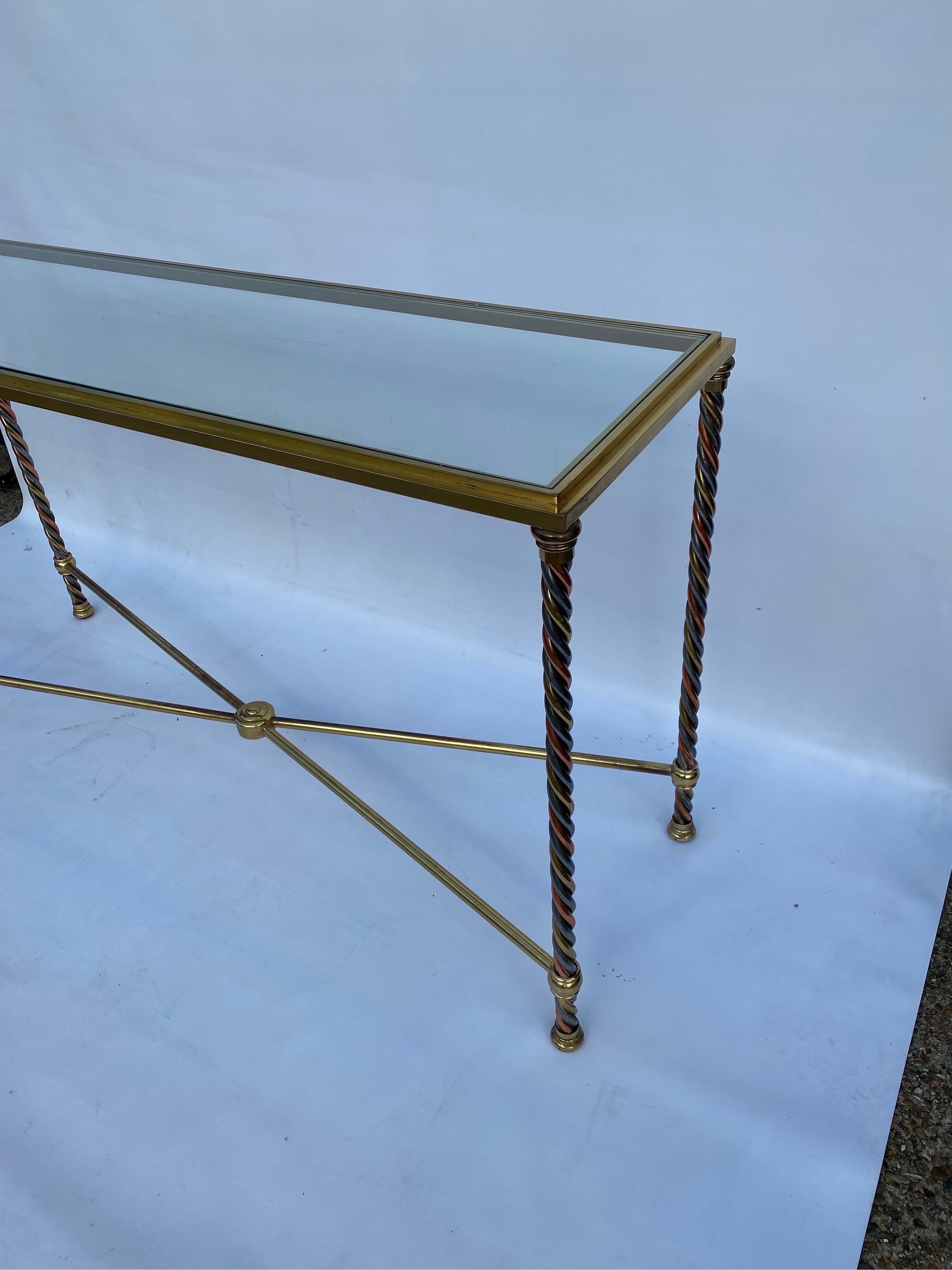 Verdrehter Konsolentisch aus Messing, Stahl und Kupfer, Hollywood-Regency-Glas, 1970er Jahre, Italienisch (Ende des 20. Jahrhunderts)