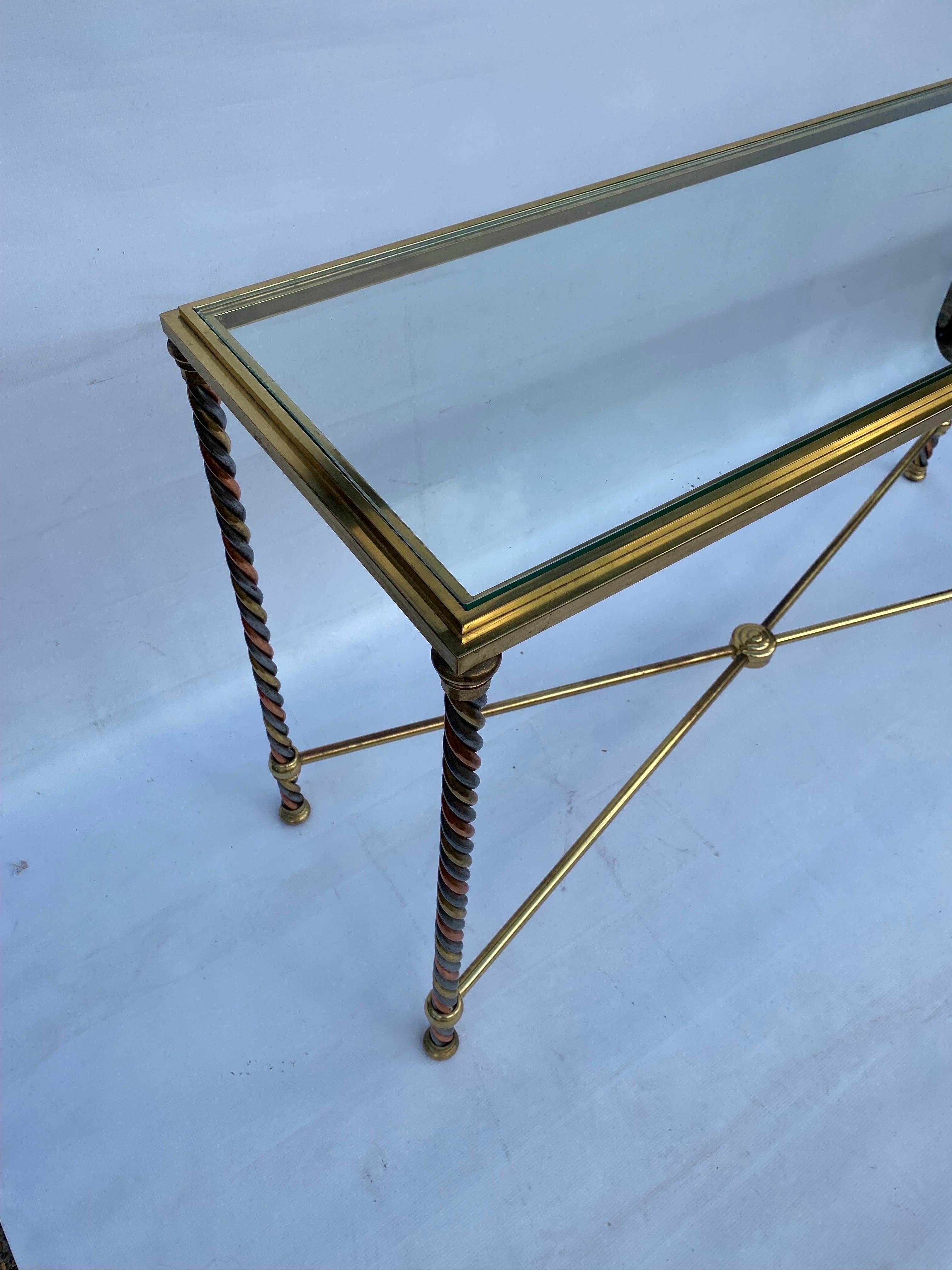 Verdrehter Konsolentisch aus Messing, Stahl und Kupfer, Hollywood-Regency-Glas, 1970er Jahre, Italienisch 2