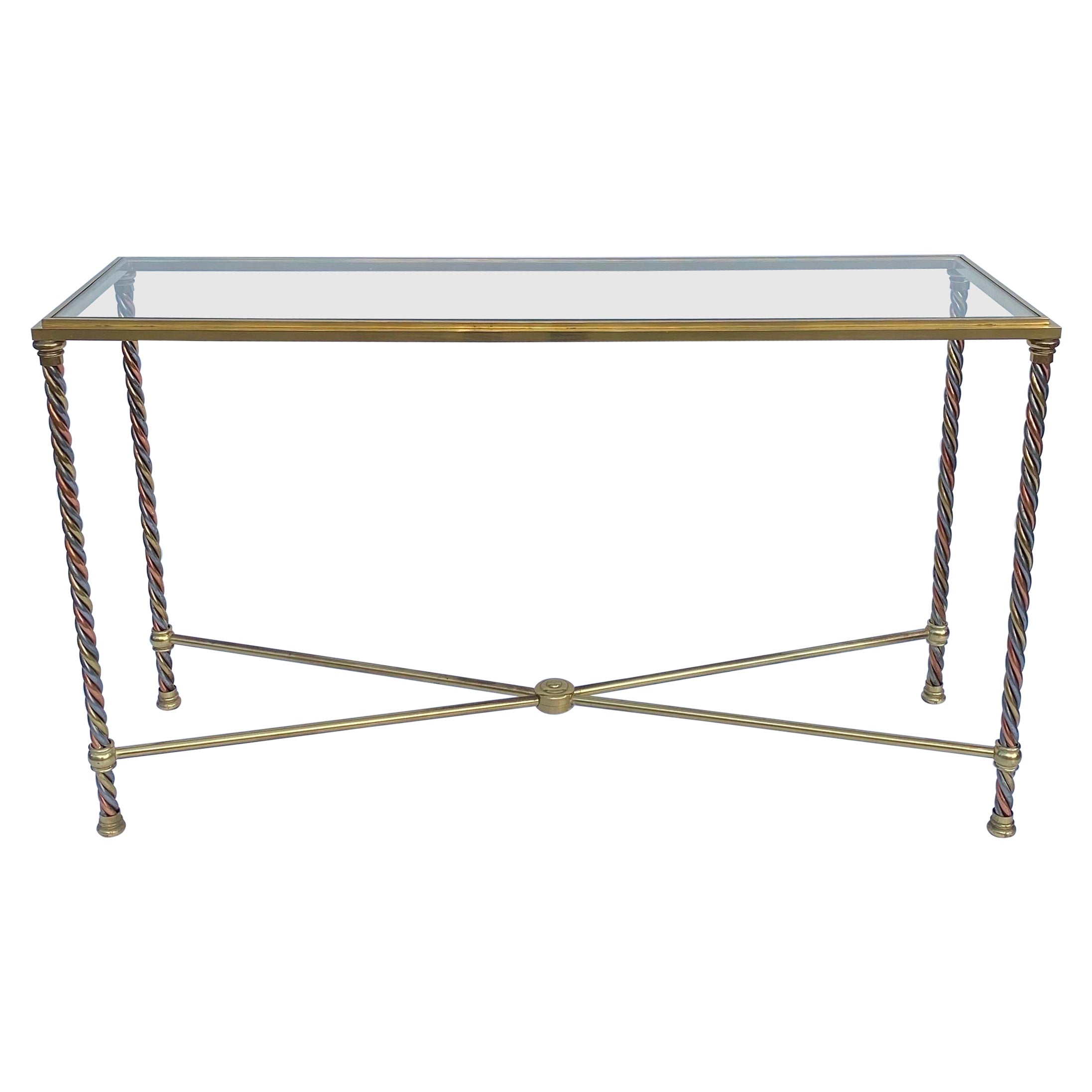 Twisted Console Table Brass Steel Copper Hollywood Regency Glass 1970s Italian