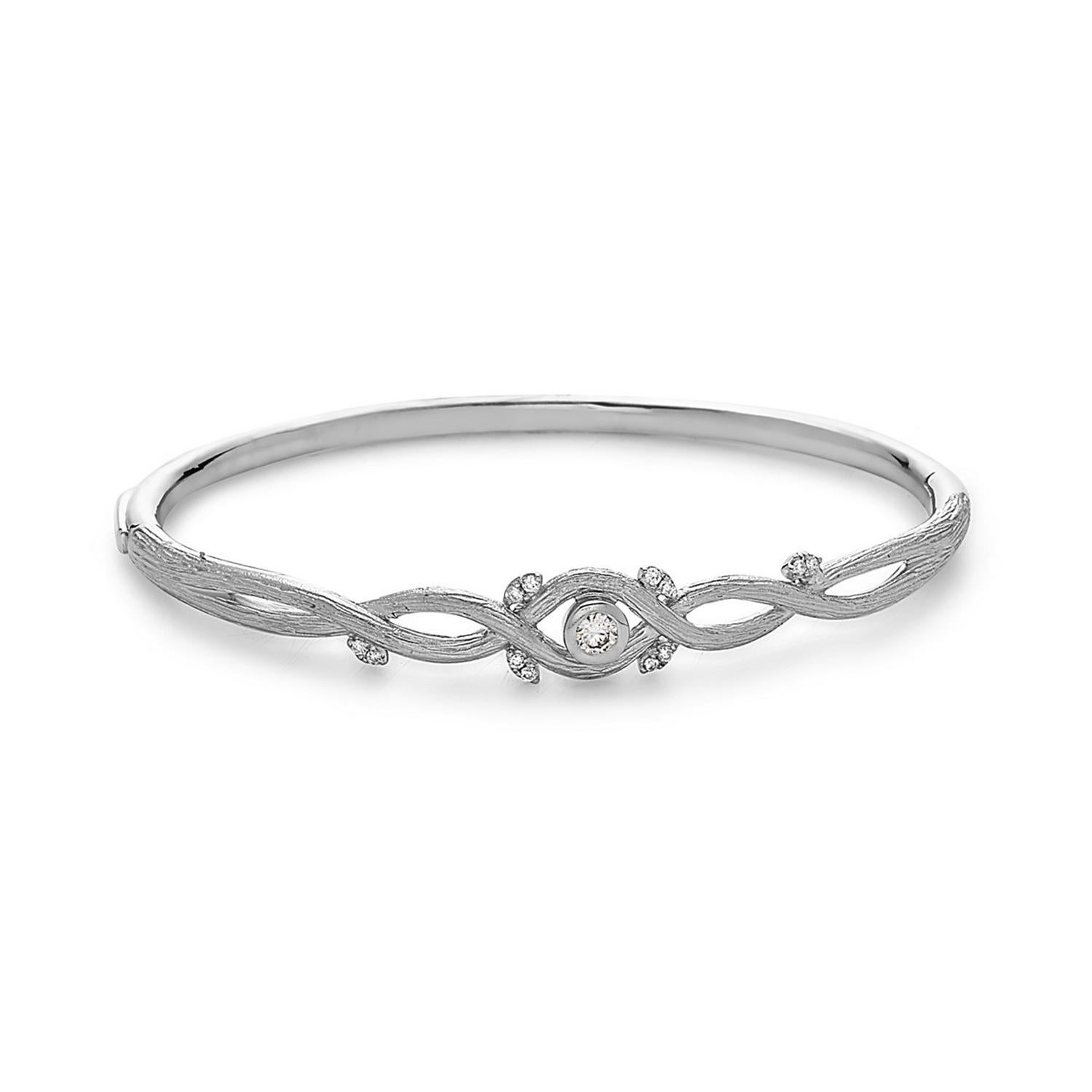 Mixed Cut Twisted Criss Cross Bangle with Round Cut Diamond Made in 18k White Gold For Sale