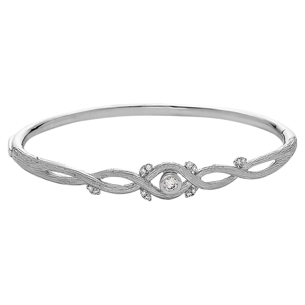 Twisted Criss Cross Bangle with Round Cut Diamond Made in 18k White Gold For Sale