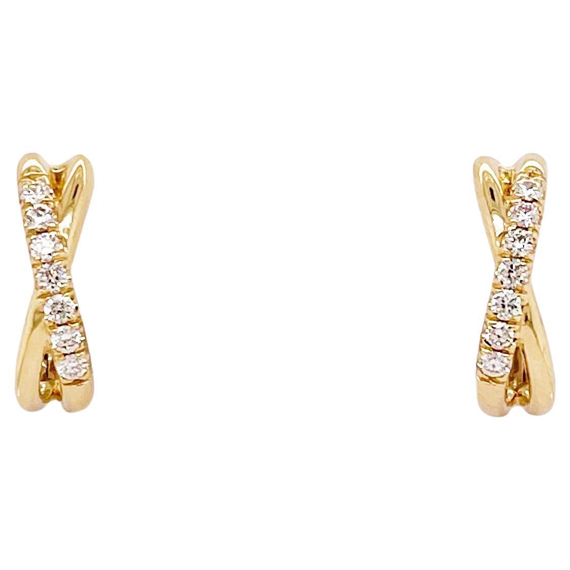 Twisted Diamond Earrings Huggie Style Yellow Gold w 14 Round Diamonds For Sale