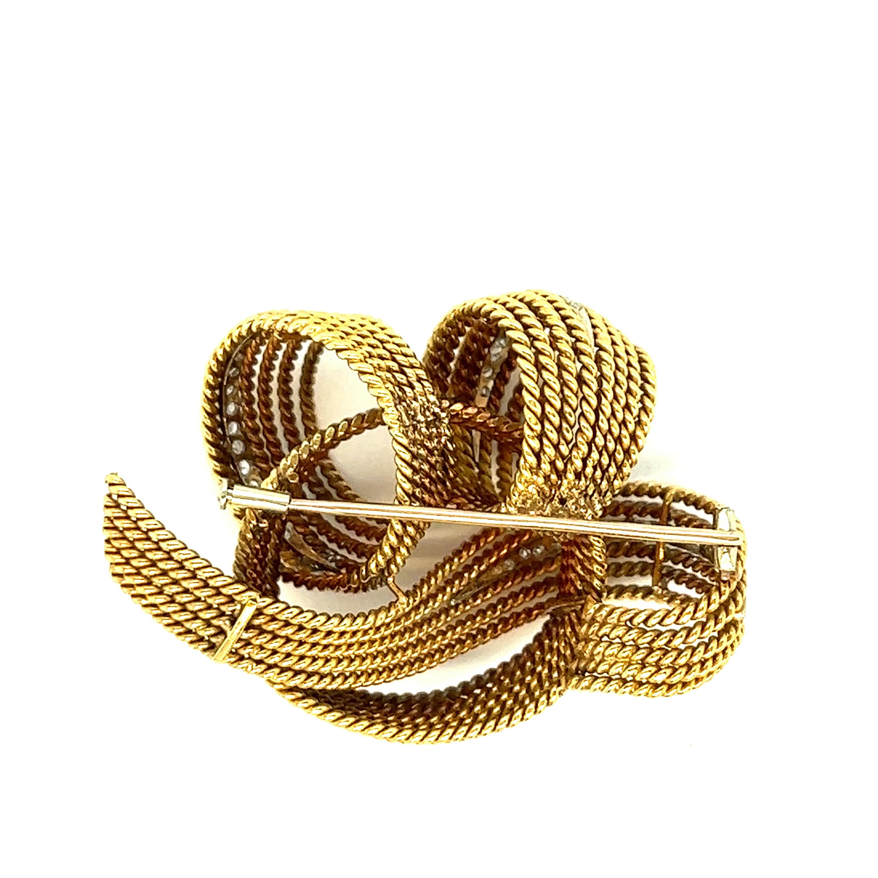 Twisted Gold Diamond Ribbon Brooch For Sale 2