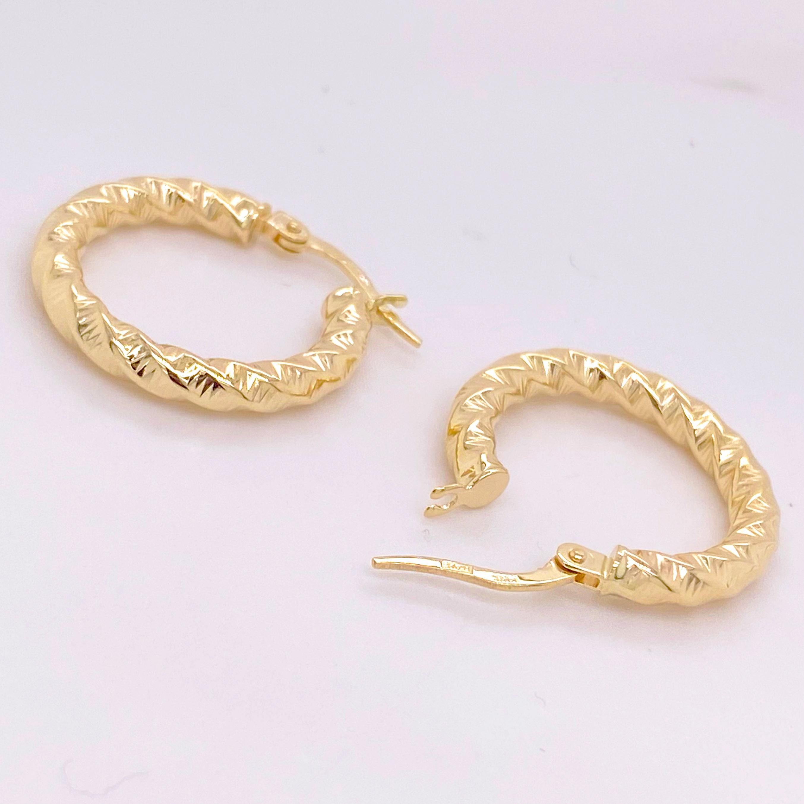 Gold hoops are a jewelry staple! These hoop earrings are the perfect addition to any fine jewelry collection. With a classic design and unique twist texture and high polish finish, these hoops are so versatile! Wear them everyday, casually or save