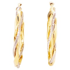 Twisted Hoop Earrings, Textured Two-Tone Mixed Metal Yellow-White Gold