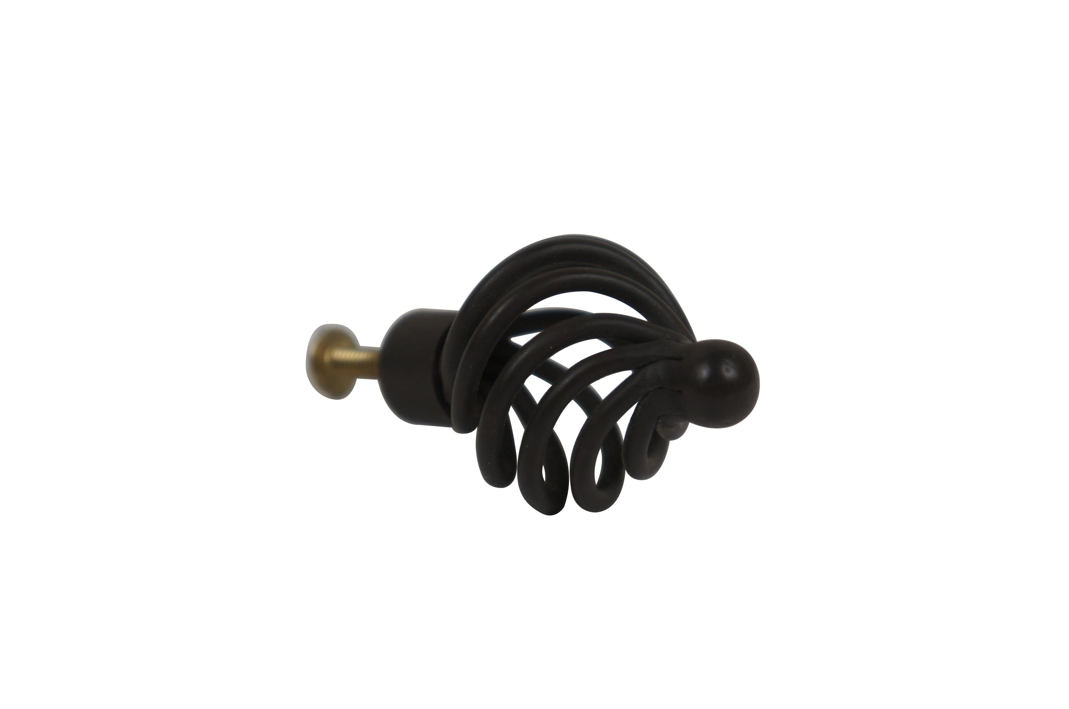 32 Available - Twisted metal round birdcage style cabinet / drawer pull / knob, finished in deep brown / dark bronze. 

Dimensions:
1.25