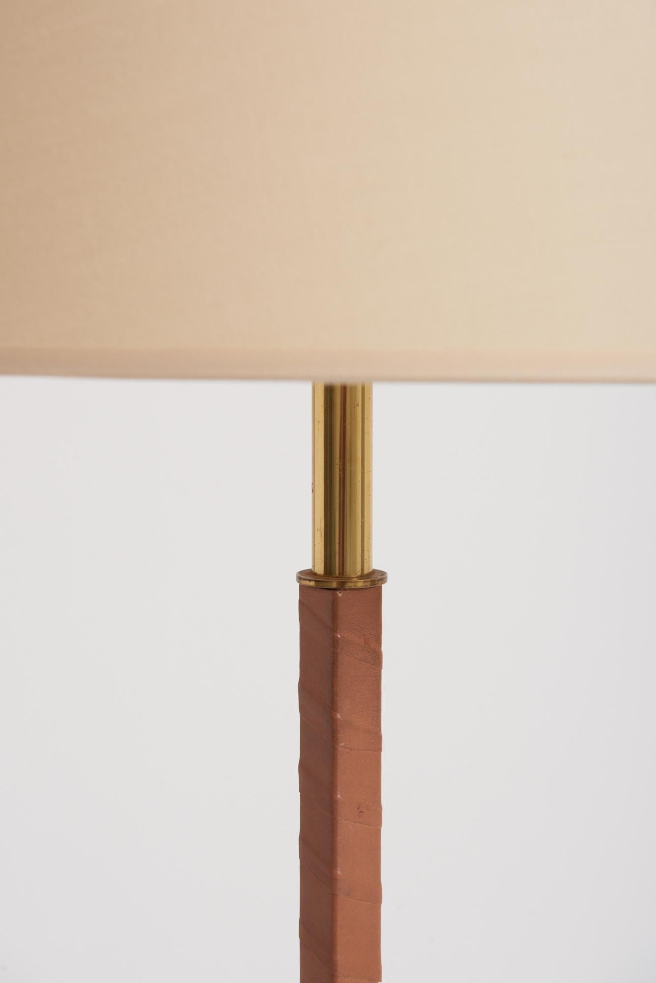 Scandinavian Modern Twisted Leather and Brass Floor Lamp