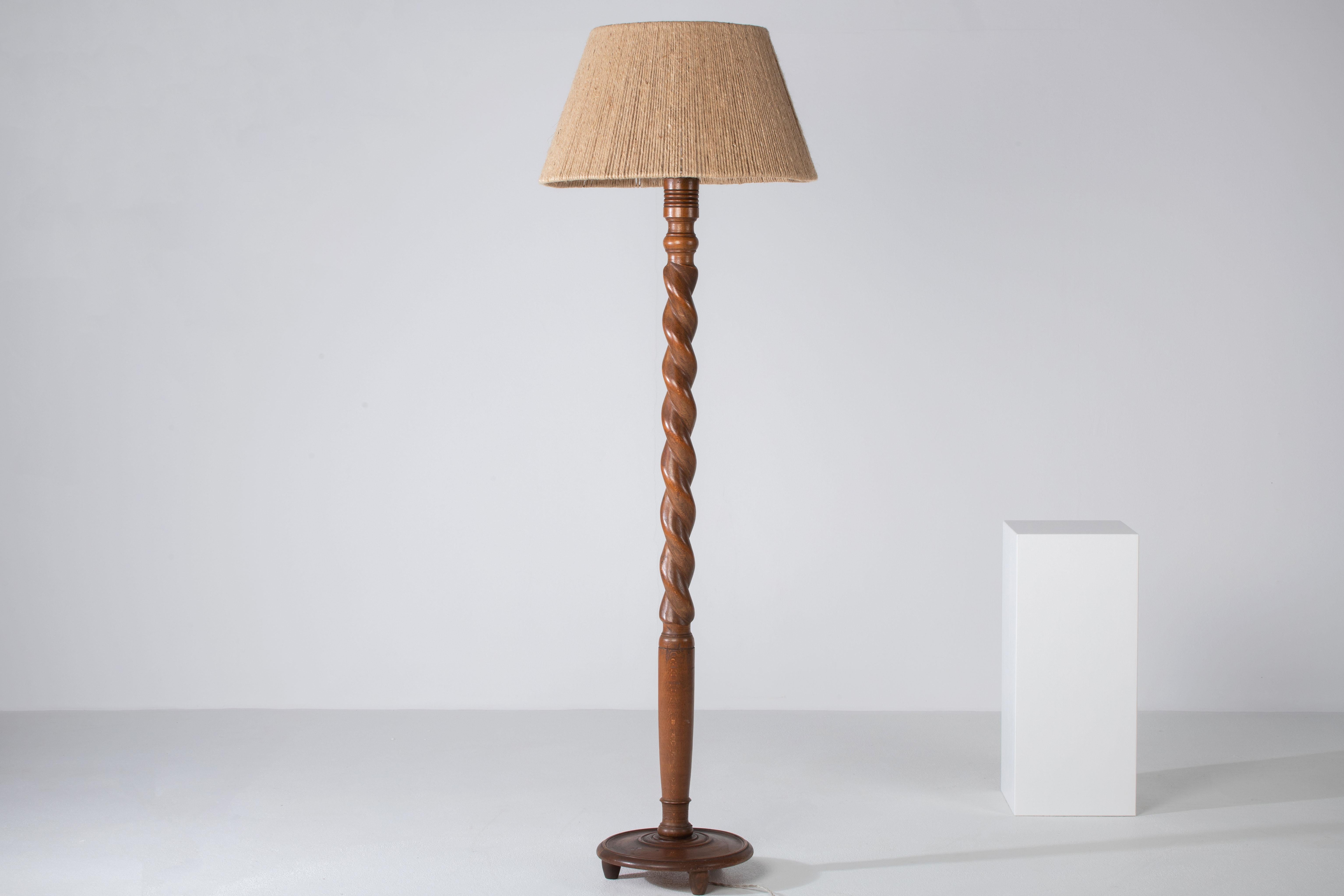 Twisted Oak Floor Lamp with Rope Lampshade, France 1940 For Sale 4