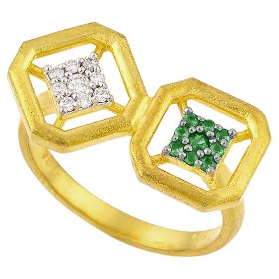 Twisted Omen Ancient Double Gold Ring with Diamond and Emerald For Sale