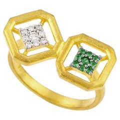 Twisted Omen Ancient Double Gold Ring with Diamond and Emerald