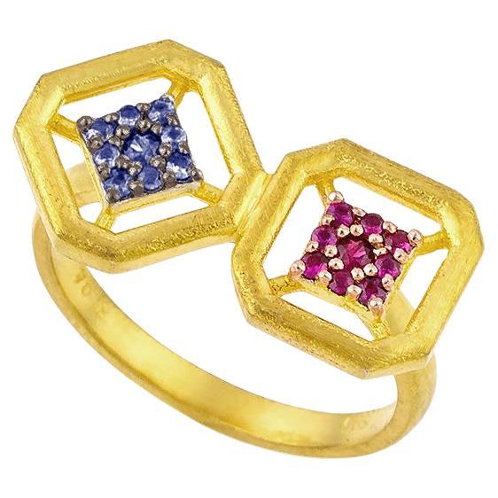 Twisted Omen Ancient Double Gold Ring with Ruby and Blue Sapphire For Sale