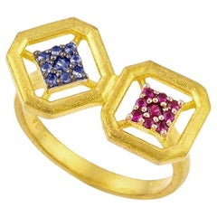 Twisted Omen Ancient Double Gold Ring with Ruby and Blue Sapphire