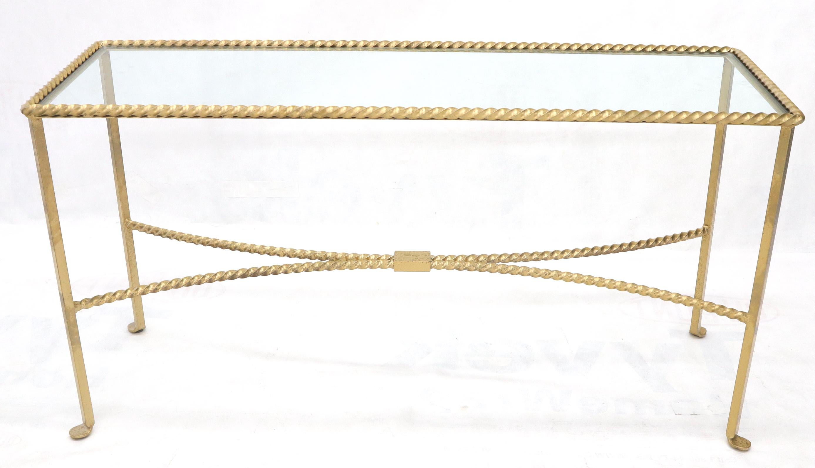 Américain Table console à plateau en verre Twisted Rope Forged Gold Finish en vente