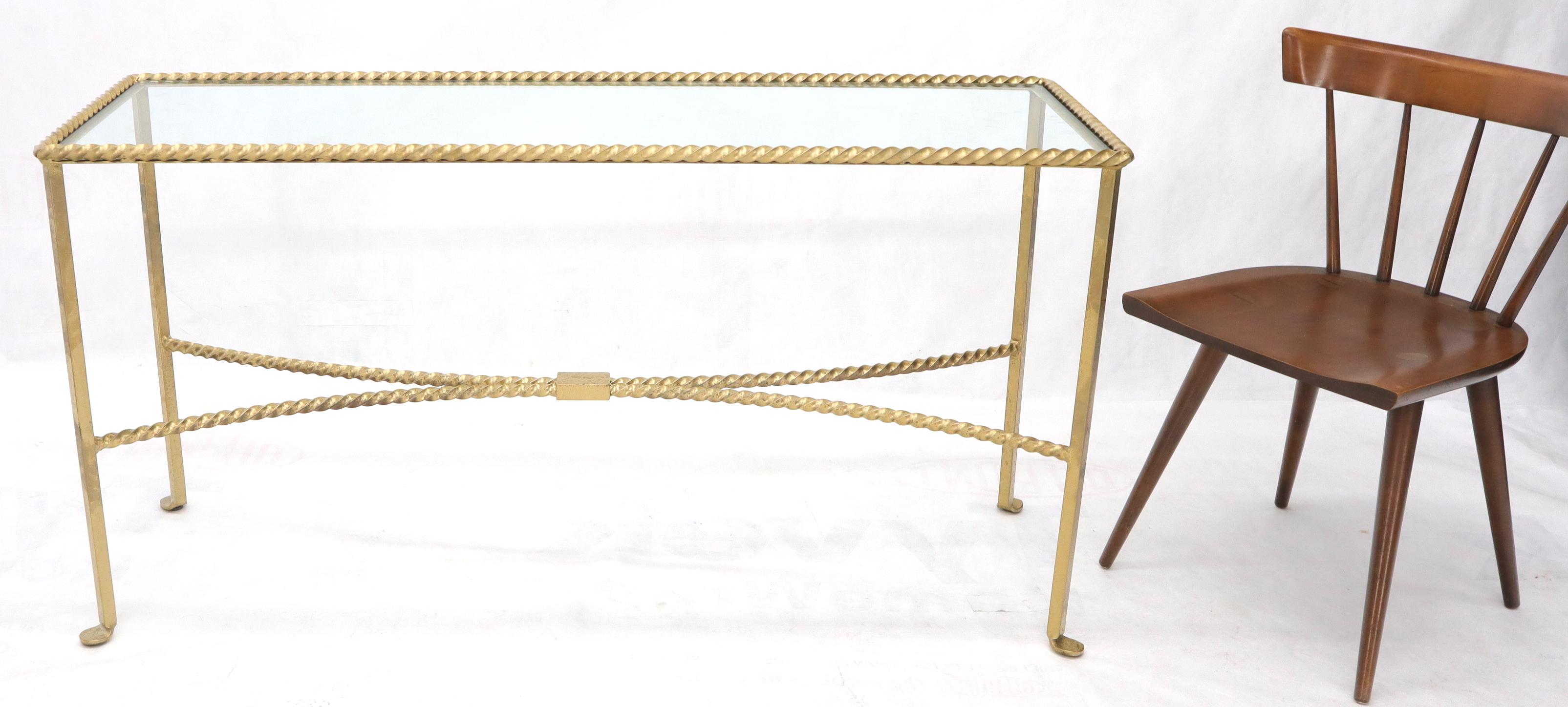 Mid-Century Modern Twisted Rope Forged Gold Finish Glass Top Console Table For Sale